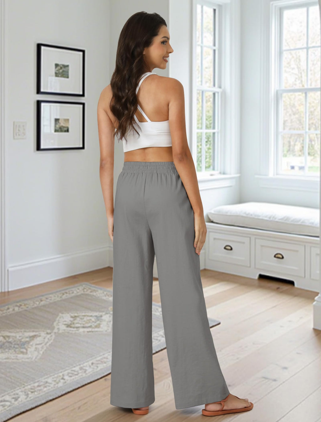 FireSwan Womens Palazzo Pants Casual Drawstring Flowy Pants Wide Leg Summer Beach Linen Trousers with Pockets