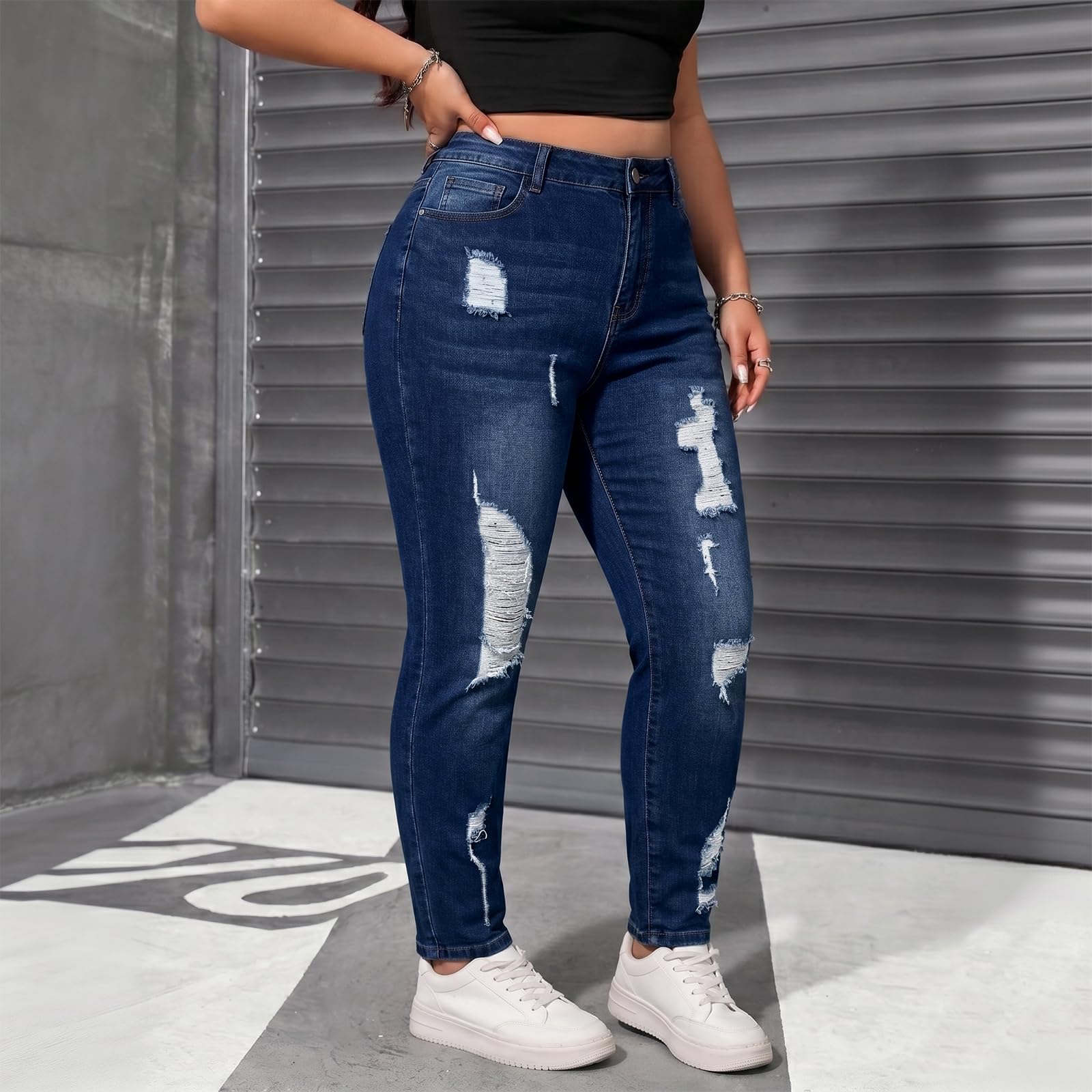 Women's High Waisted Stretchy Skinny Jeans Plus Size Ripped Distressed Butt Lifting Jeans Ankle Jean