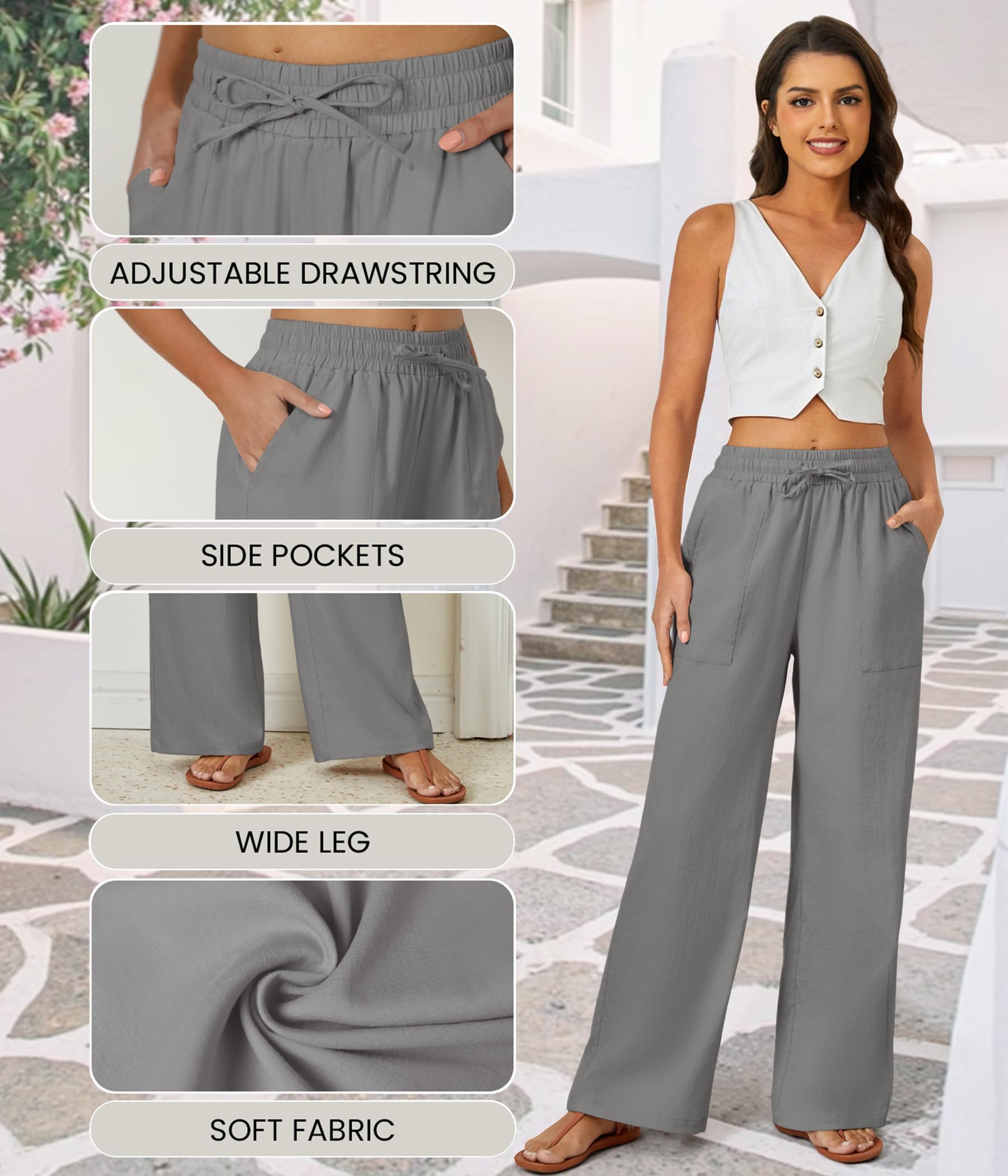 FireSwan Womens Palazzo Pants Casual Drawstring Flowy Pants Wide Leg Summer Beach Linen Trousers with Pockets