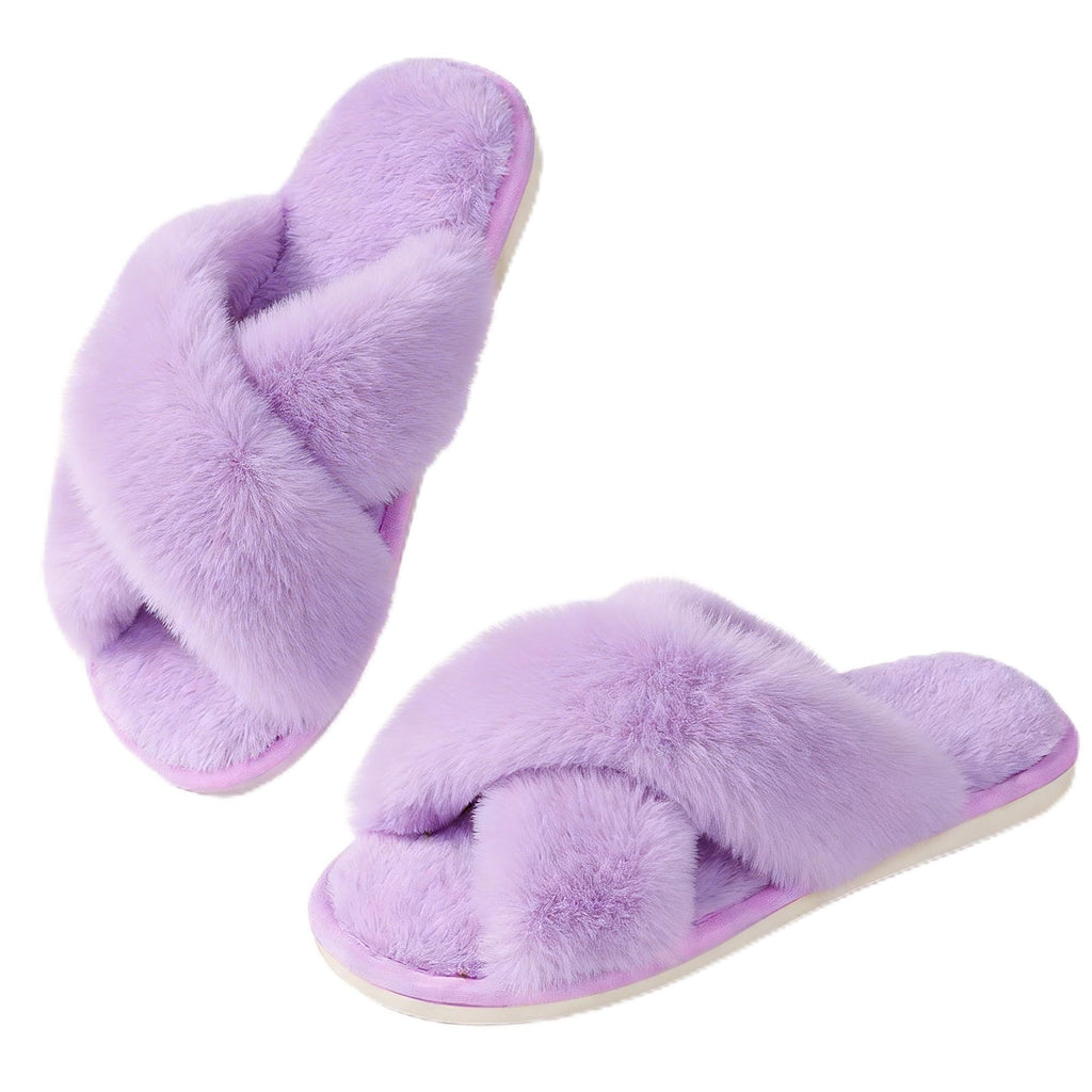 Ankis Women's Fuzzy Slippers Cross Band Memory Foam Open Toe Comfy Soft House Shoes Anti-Slip Indoor Outdoor Gifts for Women