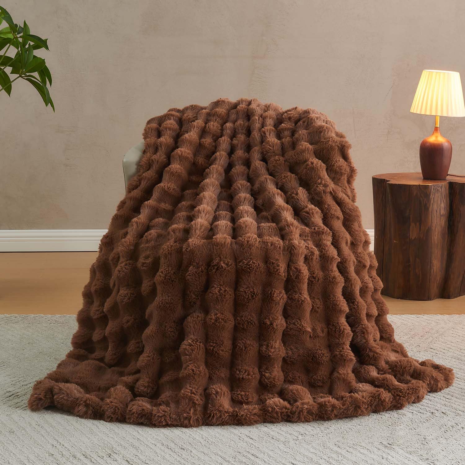 Lotus Karen Faux Fur Throw Blanket Black - Big Bubble Rabbit Fluff Blanket for Couch, Small Fluffy Fuzzy Cozy Blanket, Thick Furry Plush Shaggy Blankets, 50x60 Inches