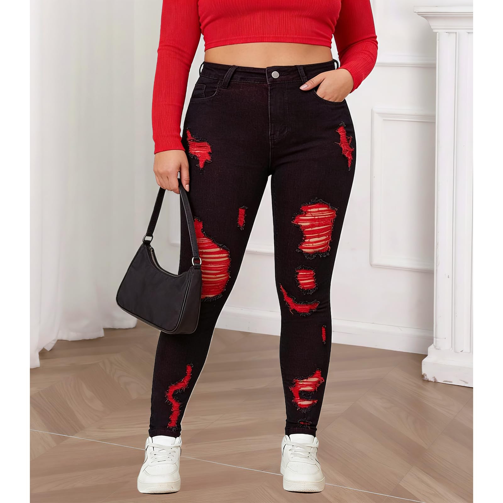 Women's High Waisted Stretchy Skinny Jeans Plus Size Ripped Distressed Butt Lifting Jeans Ankle Jean