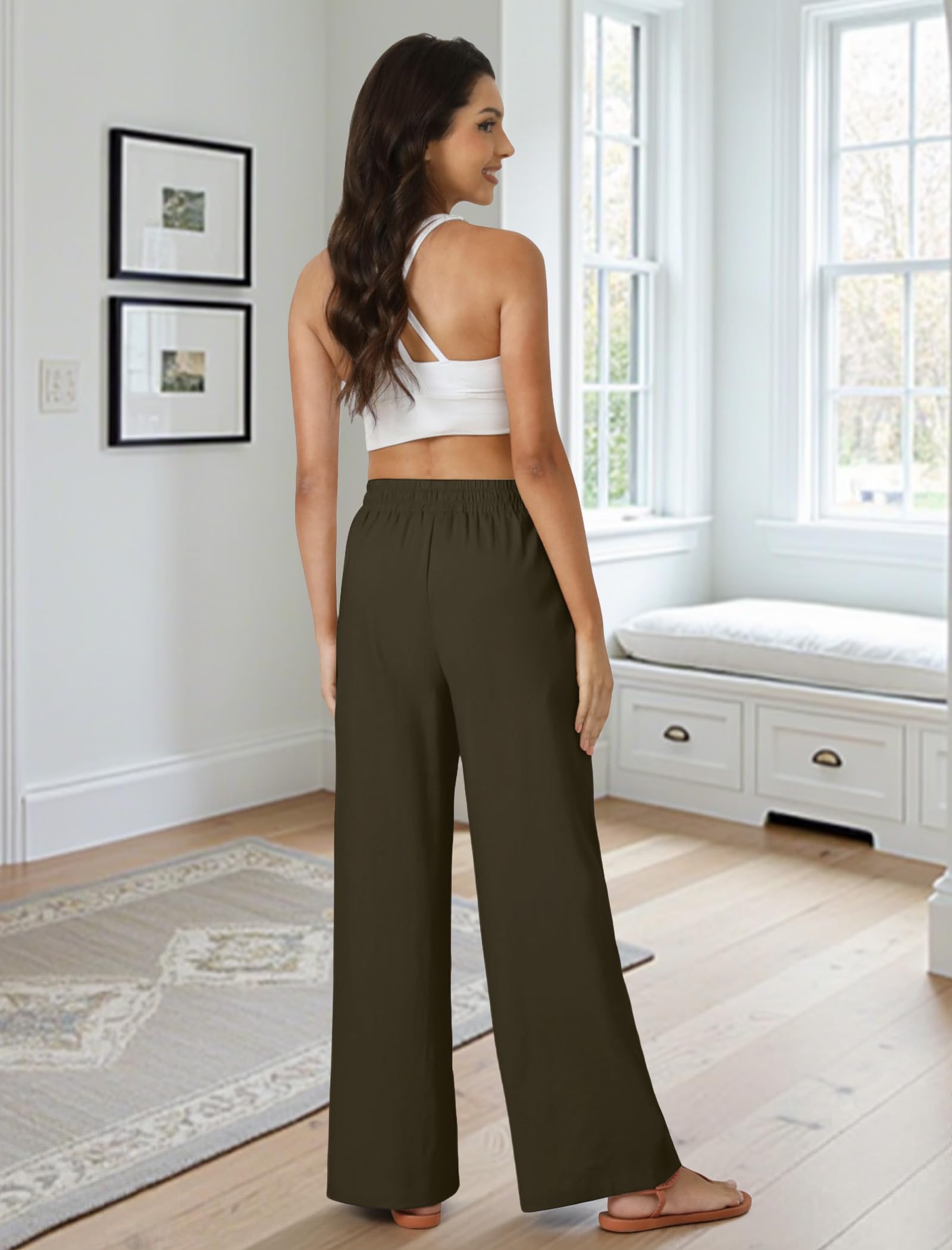 FireSwan Womens Palazzo Pants Casual Drawstring Flowy Pants Wide Leg Summer Beach Linen Trousers with Pockets
