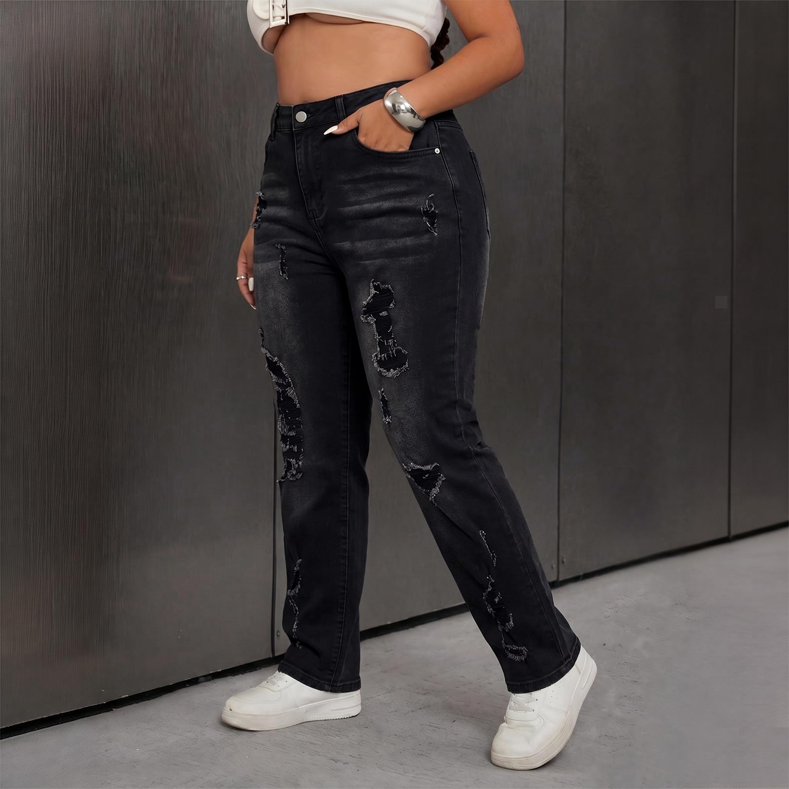 Women's High Waisted Stretchy Skinny Jeans Plus Size Ripped Distressed Butt Lifting Jeans Ankle Jean