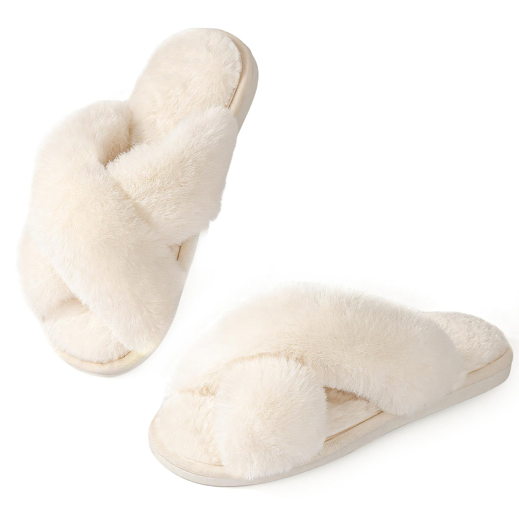 Ankis Women's Fuzzy Slippers Cross Band Memory Foam Open Toe Comfy Soft House Shoes Anti-Slip Indoor Outdoor Gifts for Women