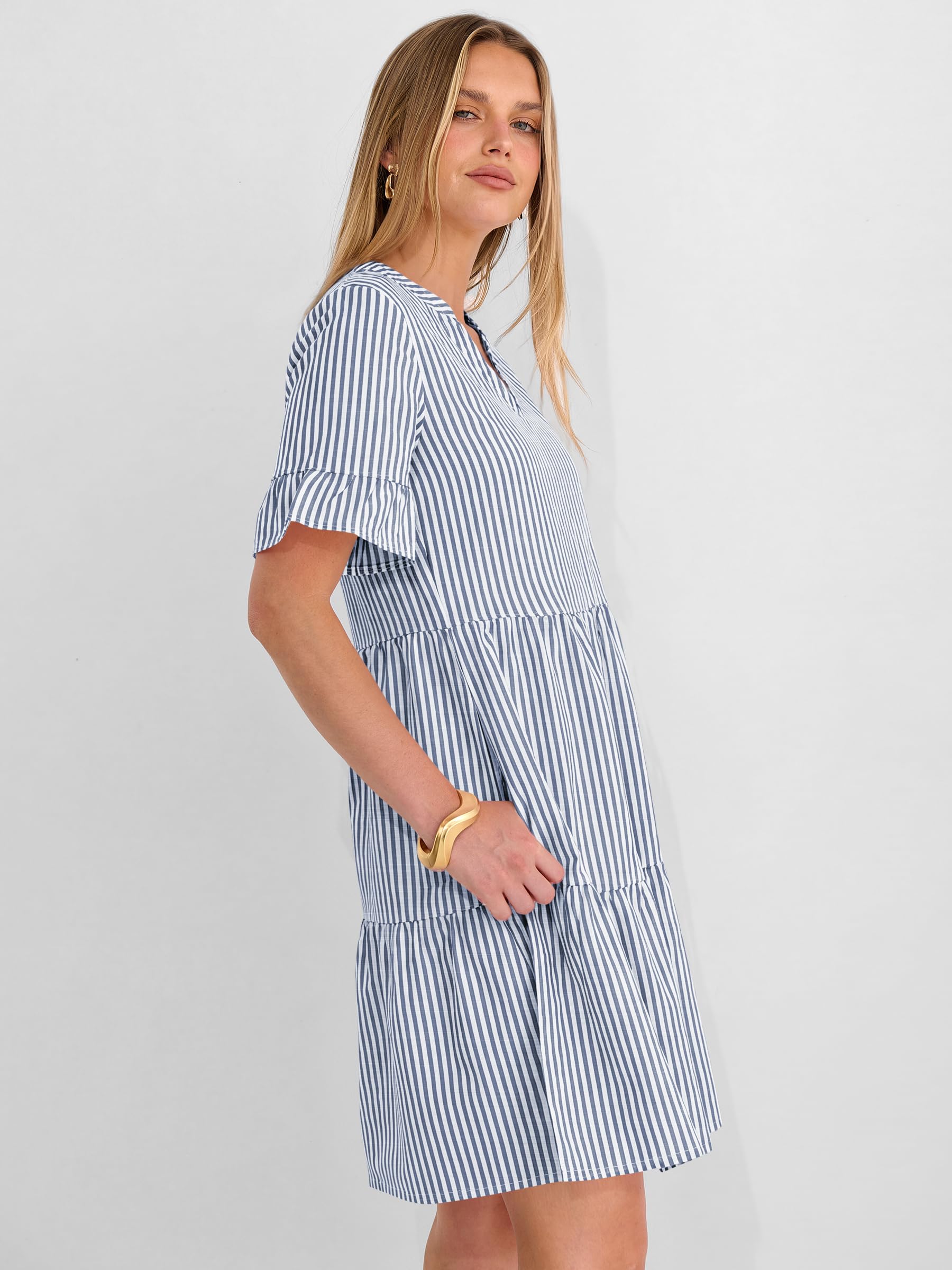 Caracilia Dresses for Women Summer 2026 Striped V Neck Ruffle Sleeve A Line Tiered Flowy Casual Mini Beach Dress with Pockets