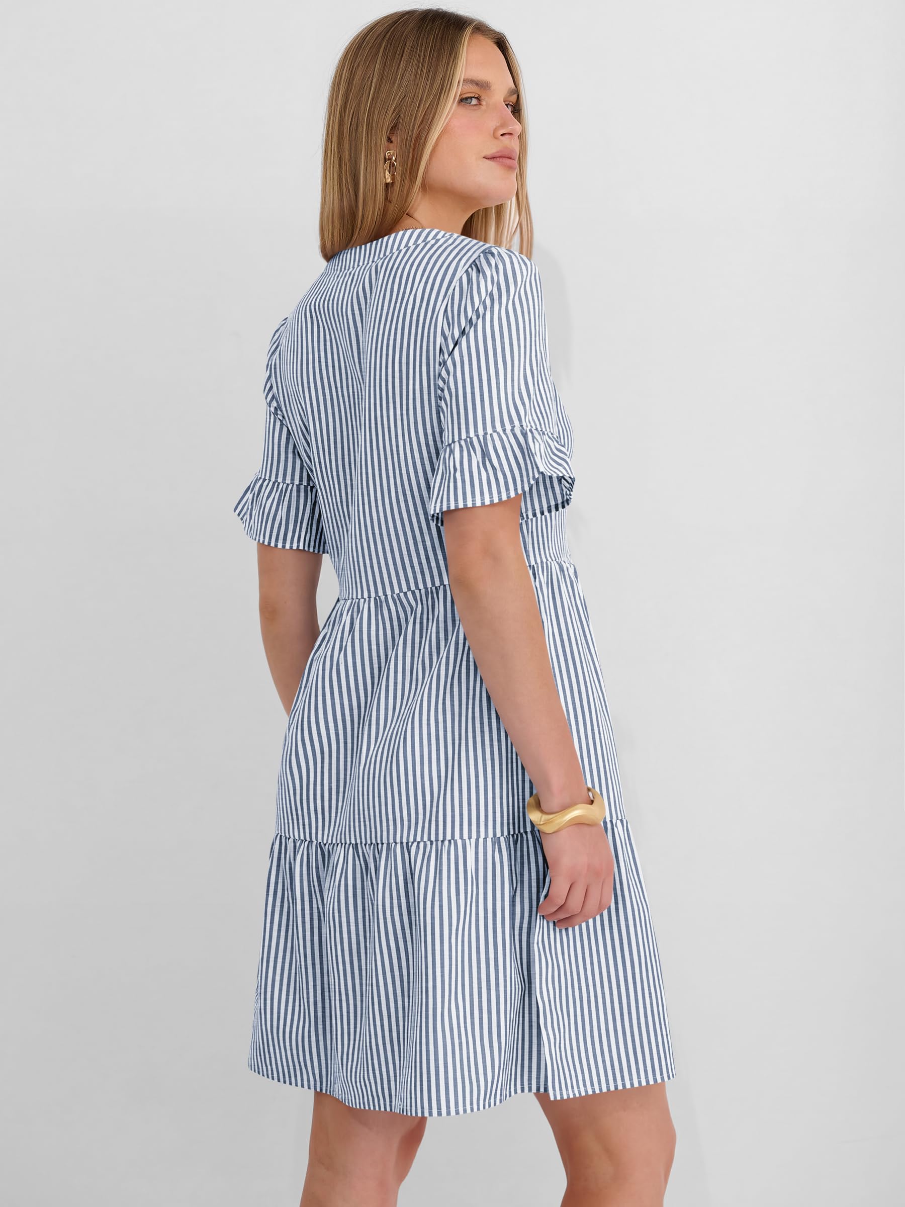 Caracilia Dresses for Women Summer 2026 Striped V Neck Ruffle Sleeve A Line Tiered Flowy Casual Mini Beach Dress with Pockets