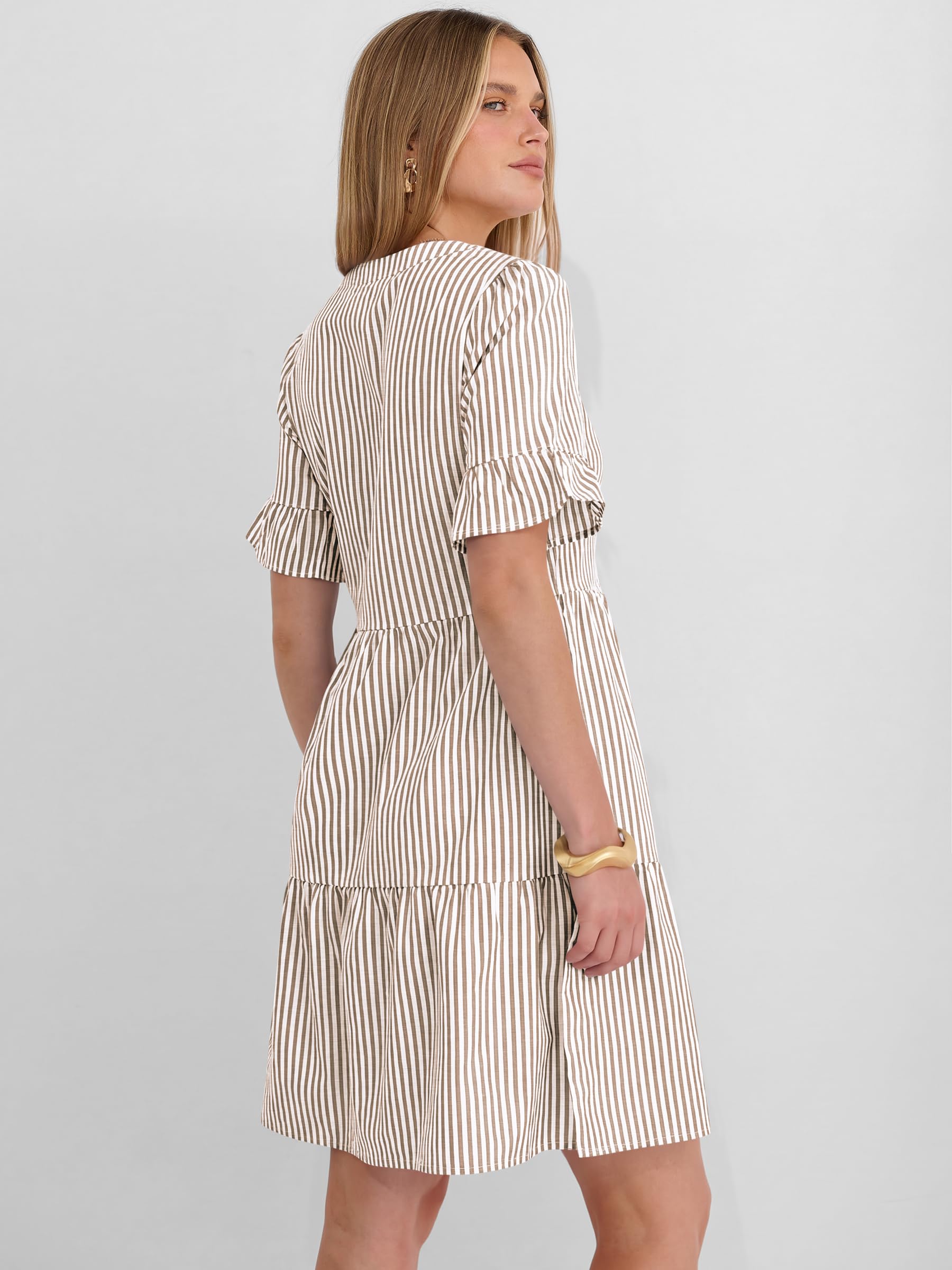Caracilia Dresses for Women Summer 2026 Striped V Neck Ruffle Sleeve A Line Tiered Flowy Casual Mini Beach Dress with Pockets