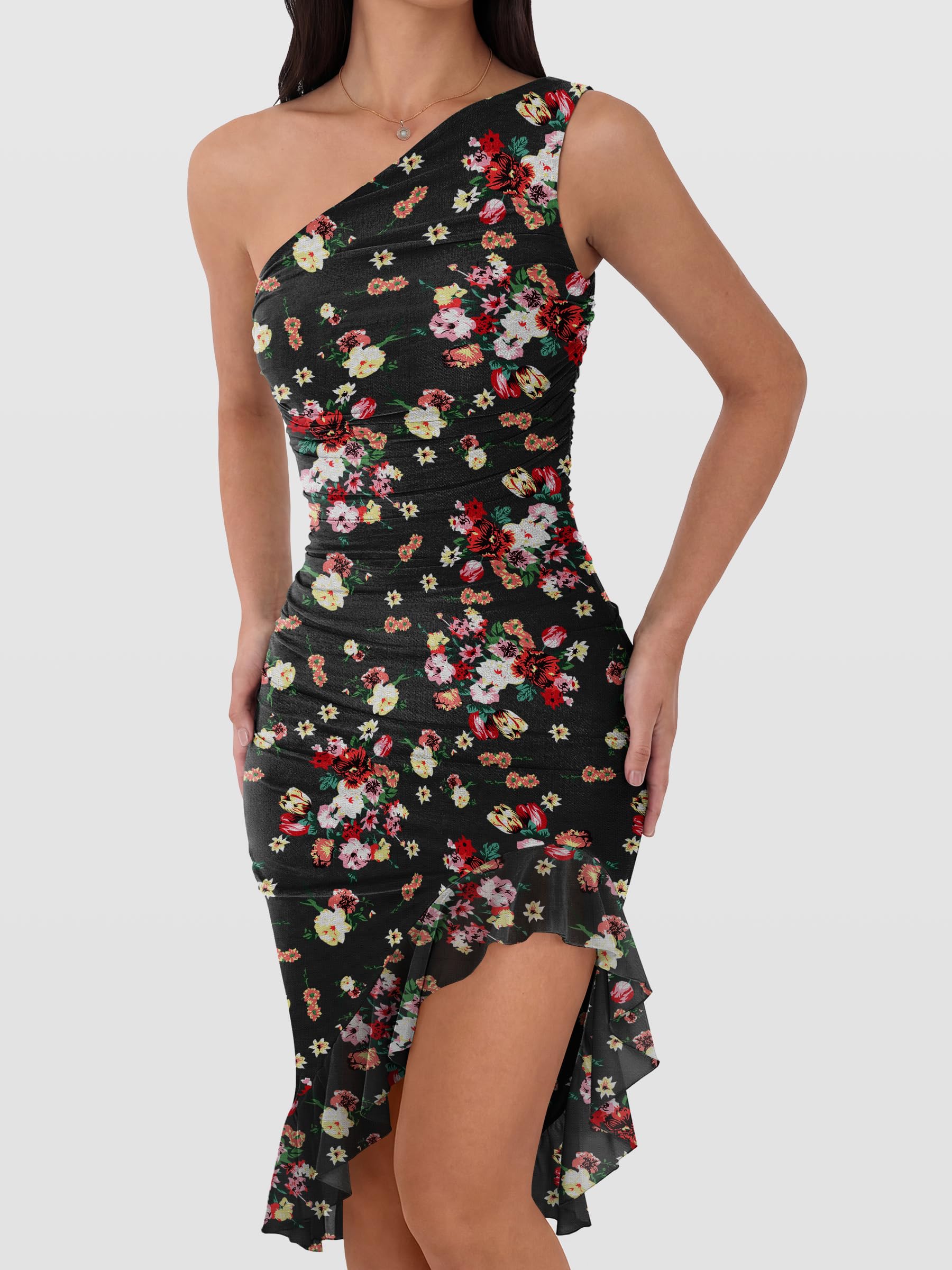 Caracilia Womens One Shoulder Dresses 2026 Summer Bodycon Ruched Mesh Cocktail Party Wedding Guest Sexy Night Club Midi Dress