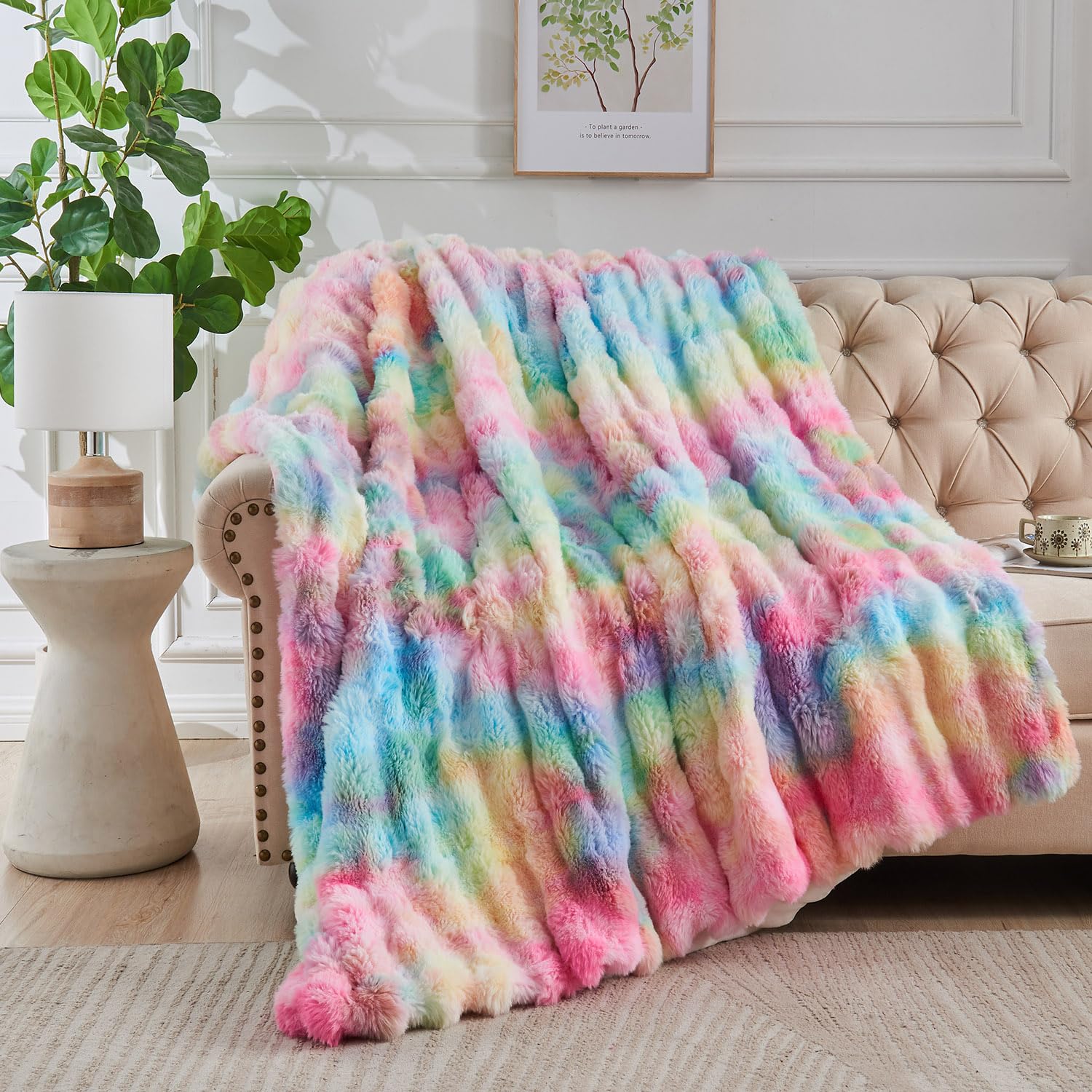 Lotus Karen Faux Fur Throw Blanket Black - Big Bubble Rabbit Fluff Blanket for Couch, Small Fluffy Fuzzy Cozy Blanket, Thick Furry Plush Shaggy Blankets, 50x60 Inches
