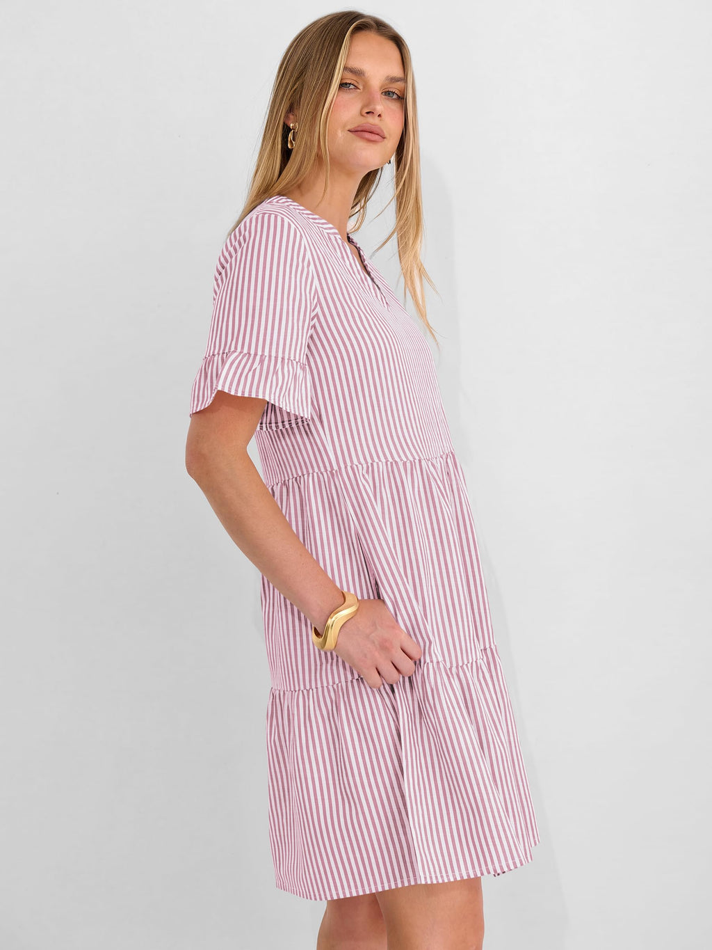 Caracilia Dresses for Women Summer 2026 Striped V Neck Ruffle Sleeve A Line Tiered Flowy Casual Mini Beach Dress with Pockets