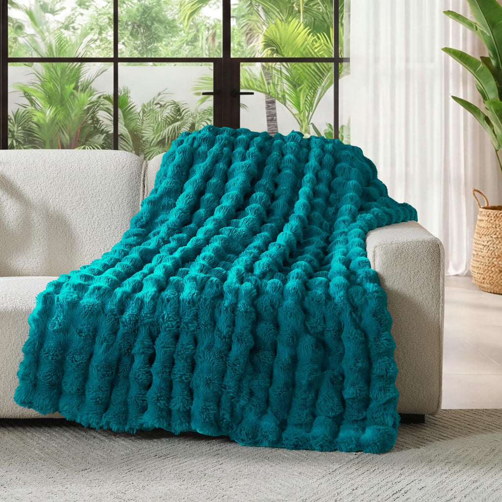 Lotus Karen Faux Fur Throw Blanket Black - Big Bubble Rabbit Fluff Blanket for Couch, Small Fluffy Fuzzy Cozy Blanket, Thick Furry Plush Shaggy Blankets, 50x60 Inches