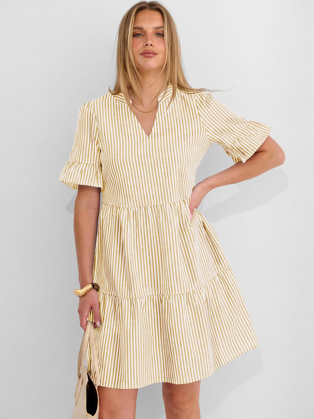 Caracilia Dresses for Women Summer 2026 Striped V Neck Ruffle Sleeve A Line Tiered Flowy Casual Mini Beach Dress with Pockets