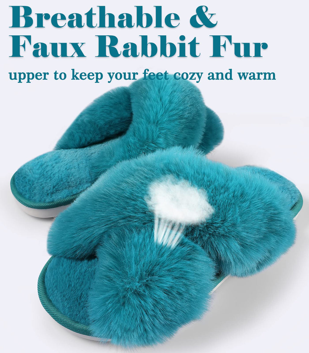 Ankis Women's Fuzzy Slippers Cross Band Memory Foam Open Toe Comfy Soft House Shoes Anti-Slip Indoor Outdoor Gifts for Women