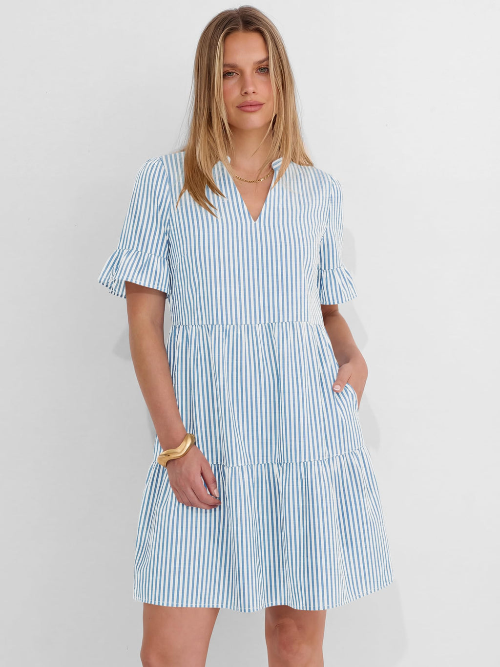 Caracilia Dresses for Women Summer 2026 Striped V Neck Ruffle Sleeve A Line Tiered Flowy Casual Mini Beach Dress with Pockets