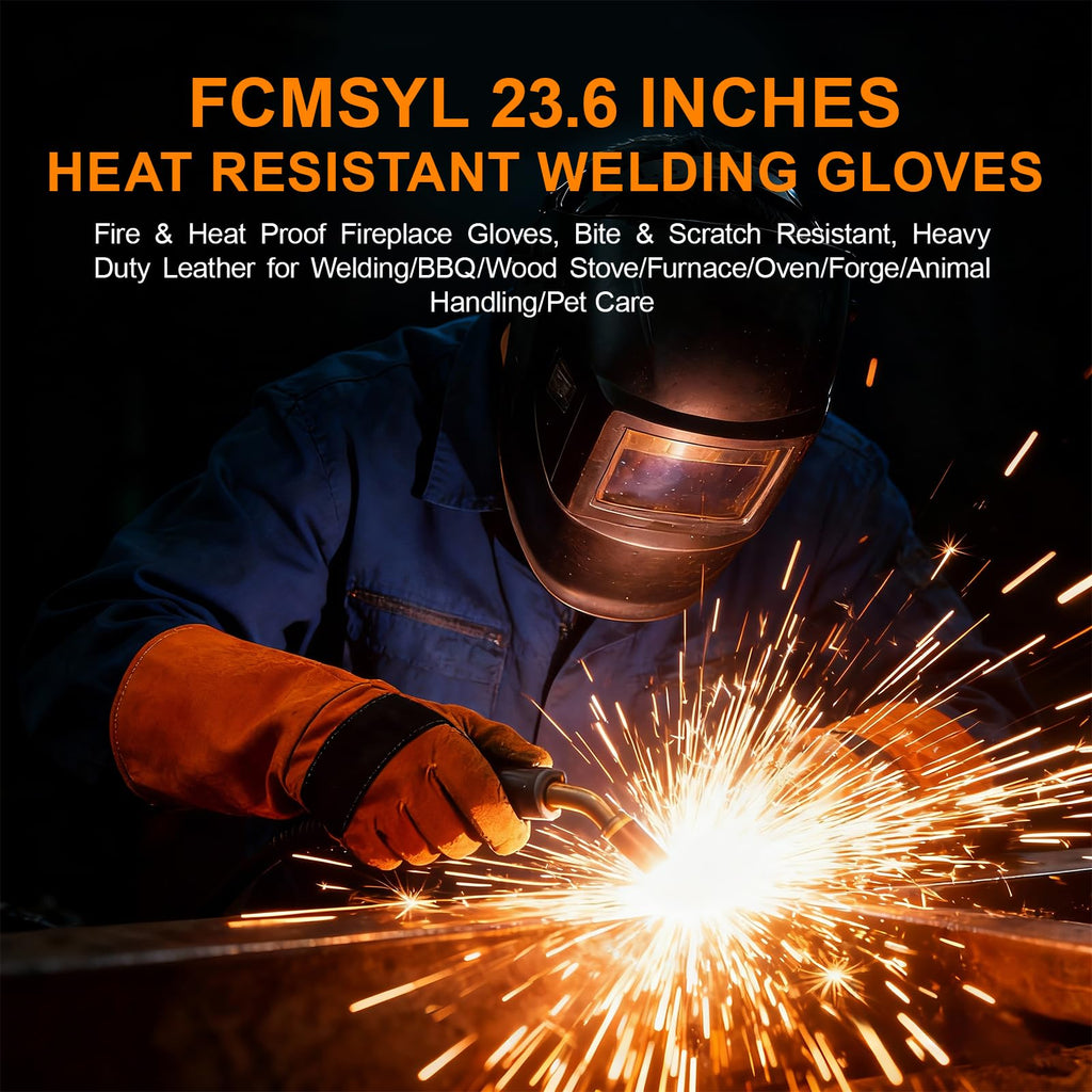 17.6Inches Heat Resistant Welding Gloves, Fire & Heat Proof Fireplace Gloves, Bite & Scratch Resistant, Heavy Duty Leather for Welding/BBQ/Wood Stove/Furnace/Oven/Forge/Animal Handling/Pet Care