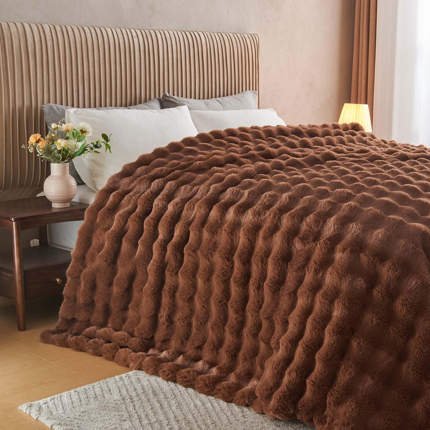 Lotus Karen Faux Fur Throw Blanket Black - Big Bubble Rabbit Fluff Blanket for Couch, Small Fluffy Fuzzy Cozy Blanket, Thick Furry Plush Shaggy Blankets, 50x60 Inches