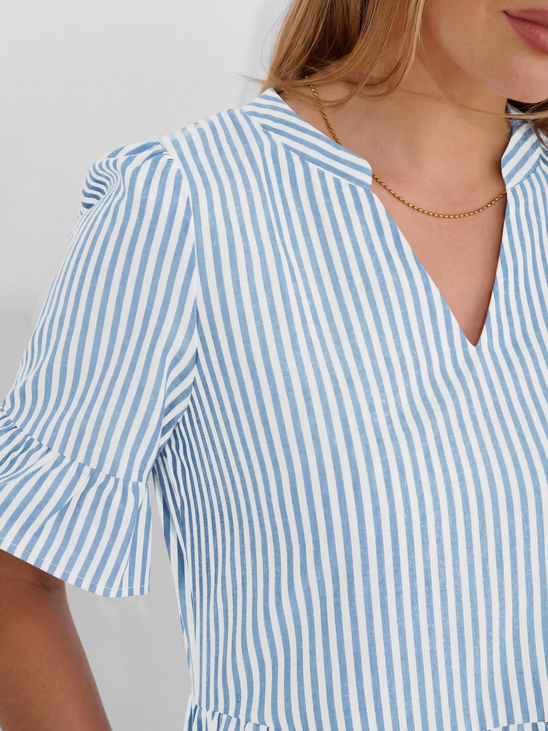 Caracilia Dresses for Women Summer 2026 Striped V Neck Ruffle Sleeve A Line Tiered Flowy Casual Mini Beach Dress with Pockets