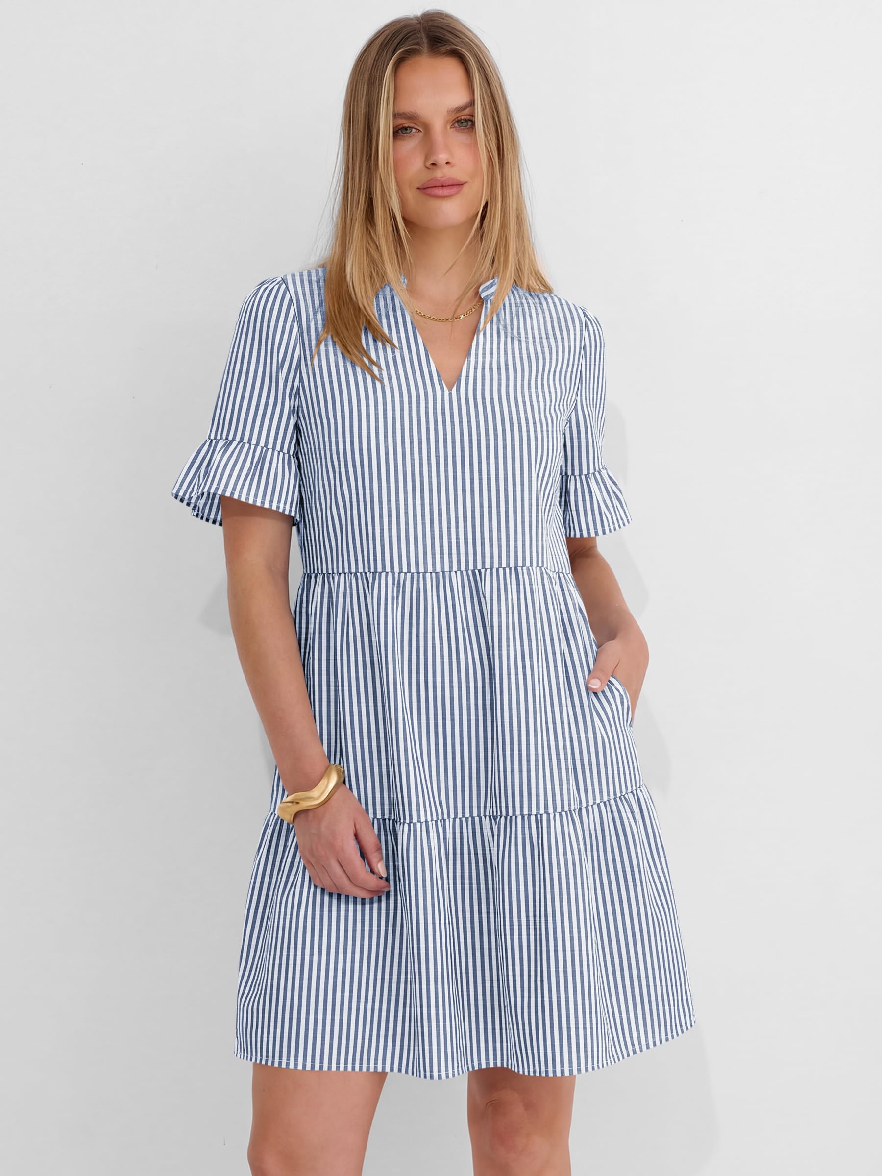 Caracilia Dresses for Women Summer 2026 Striped V Neck Ruffle Sleeve A Line Tiered Flowy Casual Mini Beach Dress with Pockets