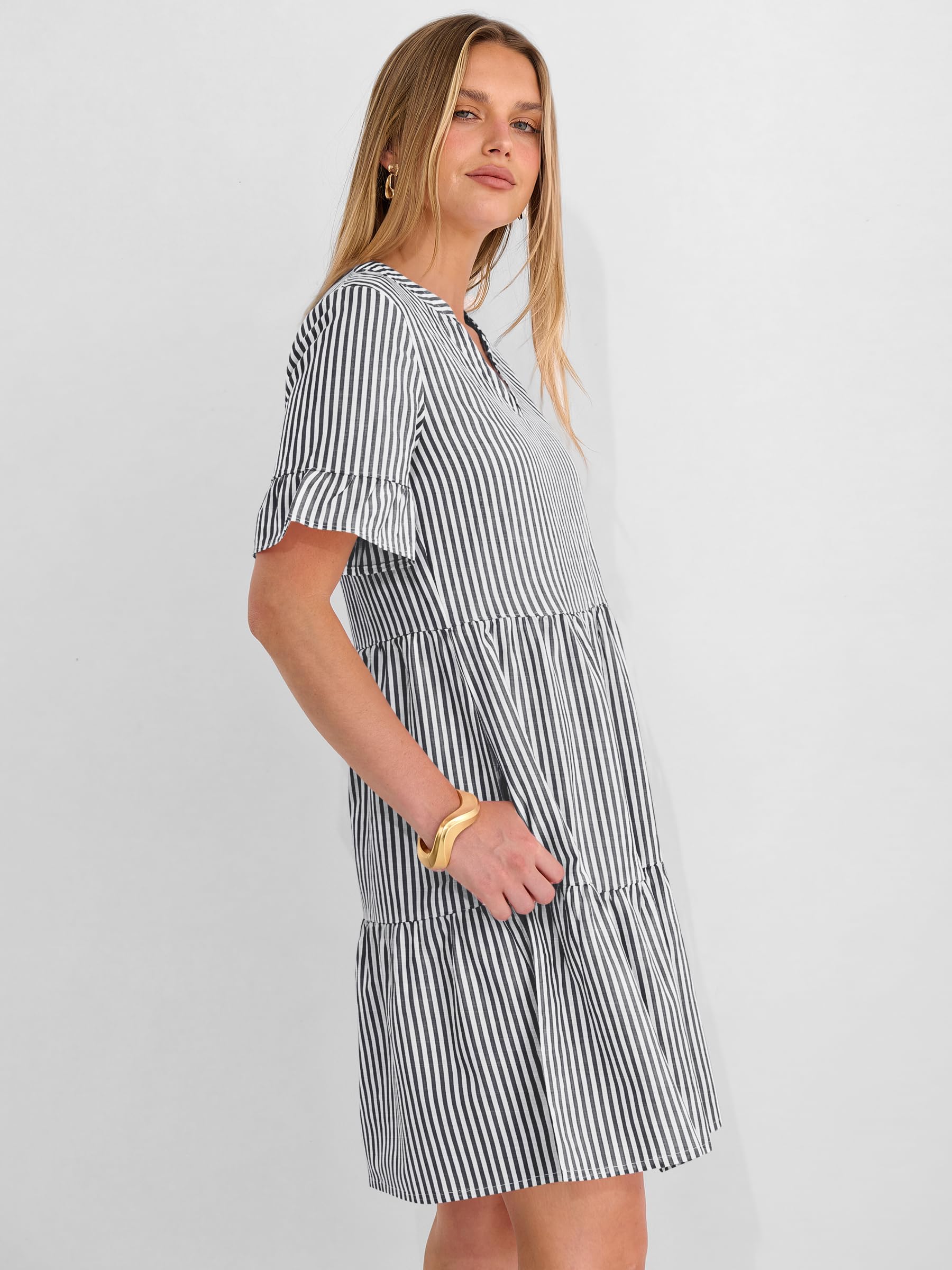 Caracilia Dresses for Women Summer 2026 Striped V Neck Ruffle Sleeve A Line Tiered Flowy Casual Mini Beach Dress with Pockets