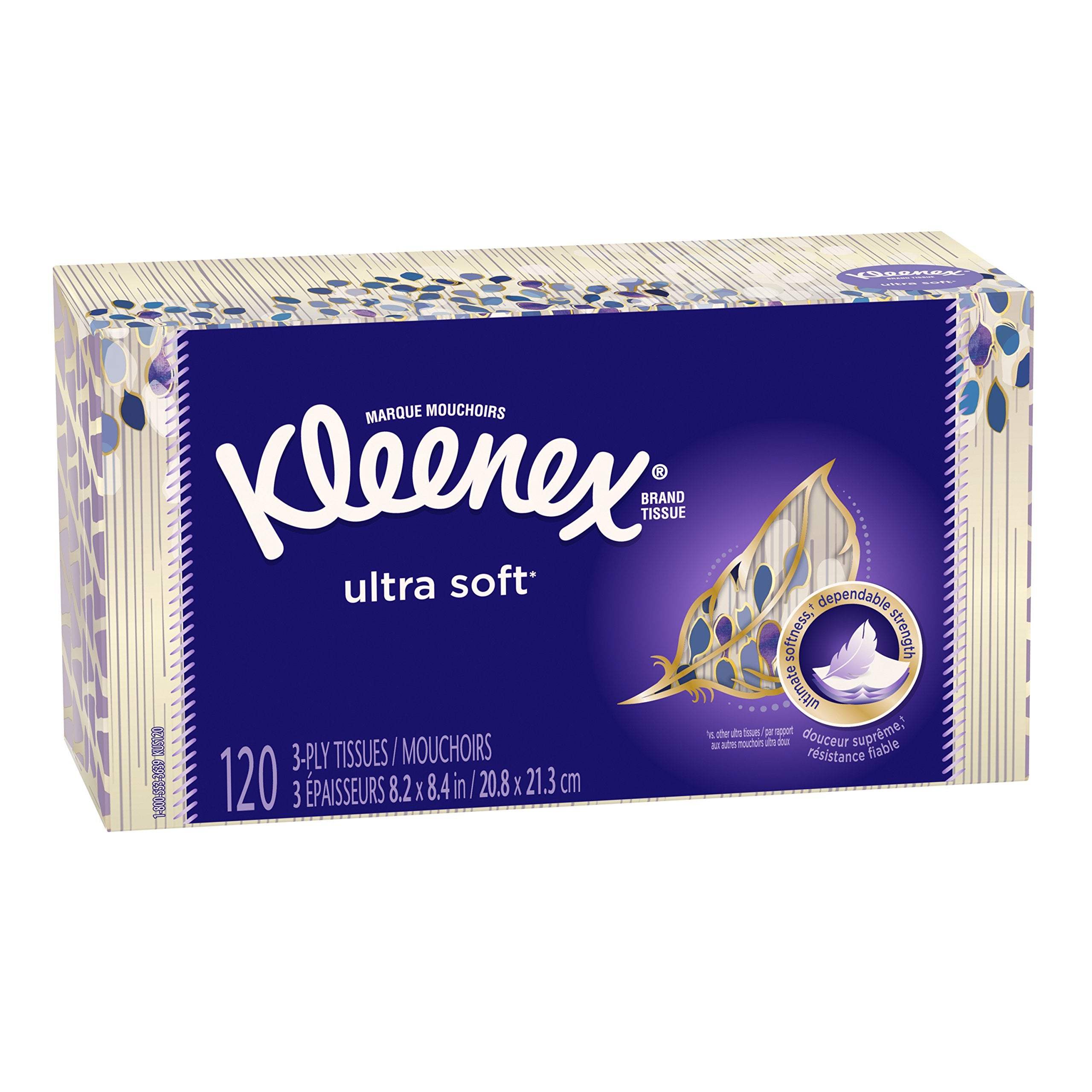Kleenex Ultra Soft Facial Tissues, 3 Flat Boxes, 120 Tissues per Box, 3-Ply (360 Total), Packaging May Vary