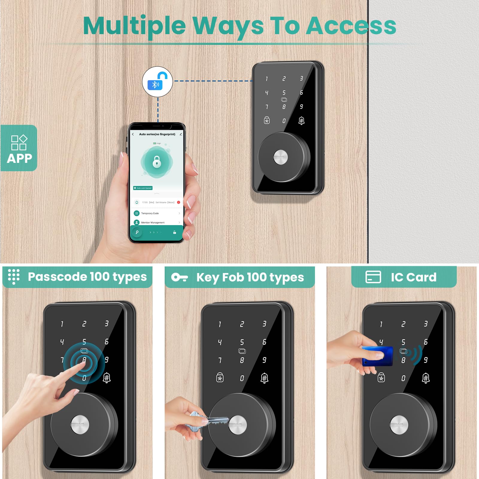 Smart Lock, 4-in-1 Keyless Entry Door Lock for Front Door, 6 Digital Code Door Lock with Keypad, Bluetooth Smart Deadbolt, App Control