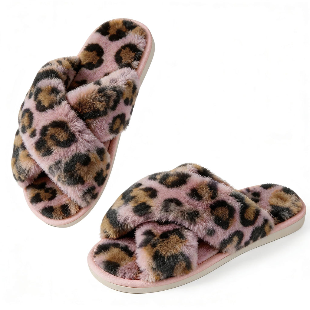 Ankis Women's Fuzzy Slippers Cross Band Memory Foam Open Toe Comfy Soft House Shoes Anti-Slip Indoor Outdoor Gifts for Women