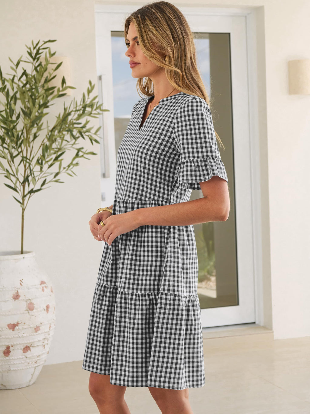 Caracilia Dresses for Women Summer 2026 Striped V Neck Ruffle Sleeve A Line Tiered Flowy Casual Mini Beach Dress with Pockets