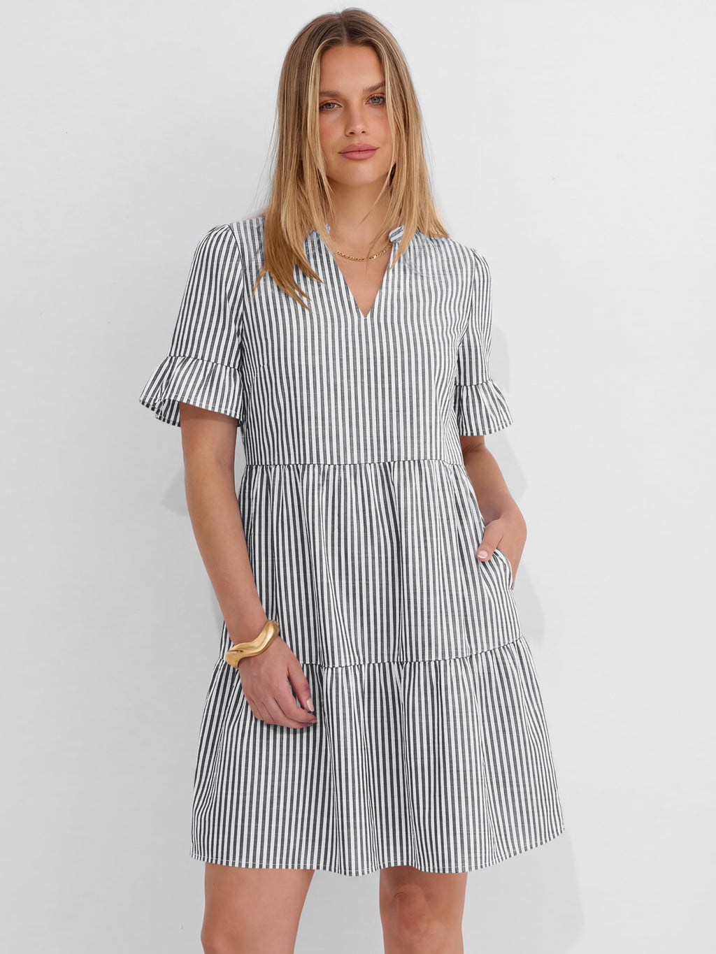 Caracilia Dresses for Women Summer 2026 Striped V Neck Ruffle Sleeve A Line Tiered Flowy Casual Mini Beach Dress with Pockets