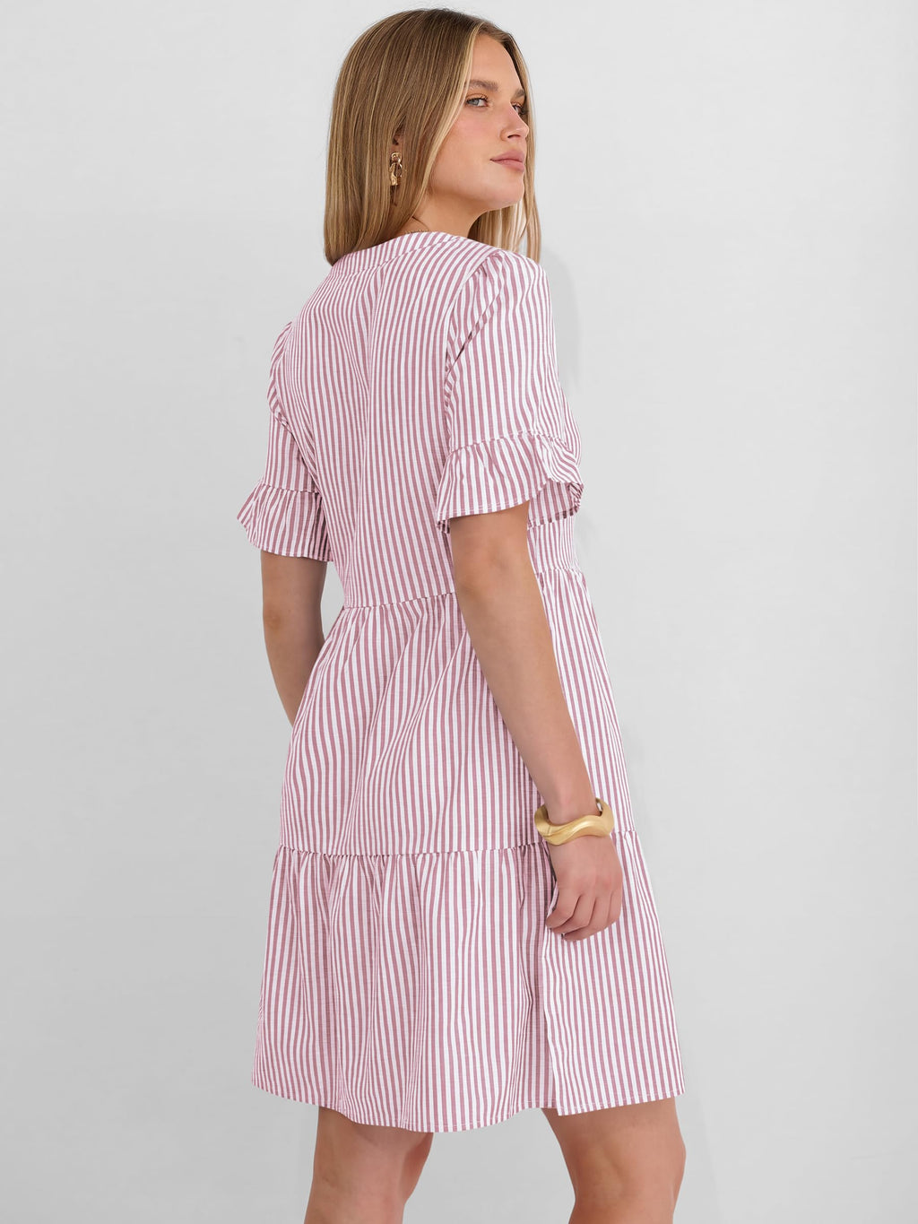 Caracilia Dresses for Women Summer 2026 Striped V Neck Ruffle Sleeve A Line Tiered Flowy Casual Mini Beach Dress with Pockets