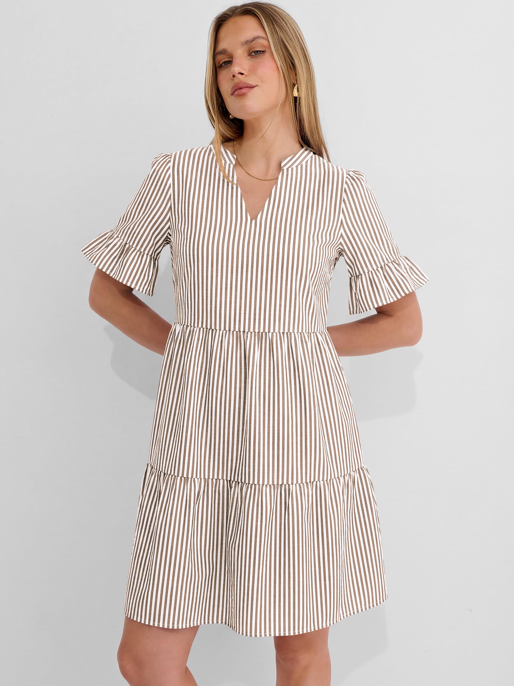 Caracilia Dresses for Women Summer 2026 Striped V Neck Ruffle Sleeve A Line Tiered Flowy Casual Mini Beach Dress with Pockets