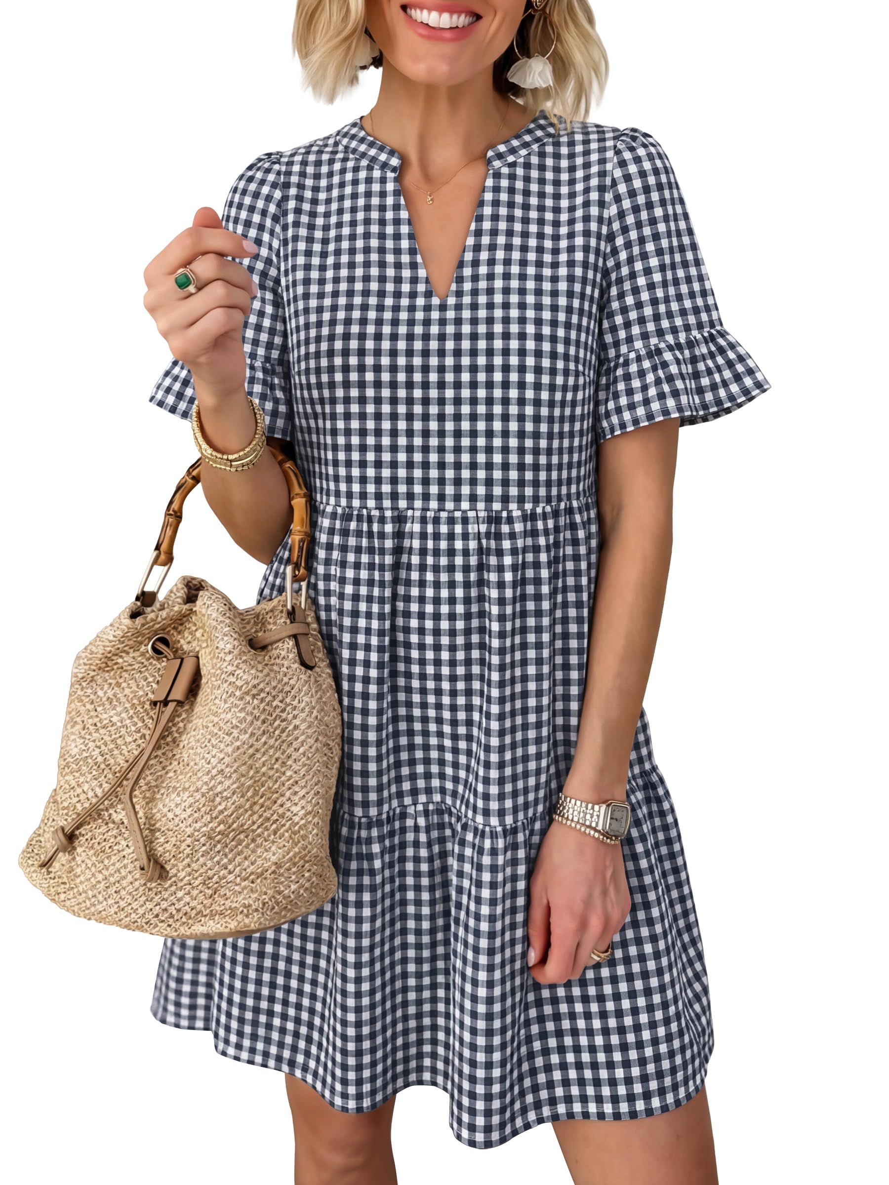 Caracilia Dresses for Women Summer 2026 Striped V Neck Ruffle Sleeve A Line Tiered Flowy Casual Mini Beach Dress with Pockets