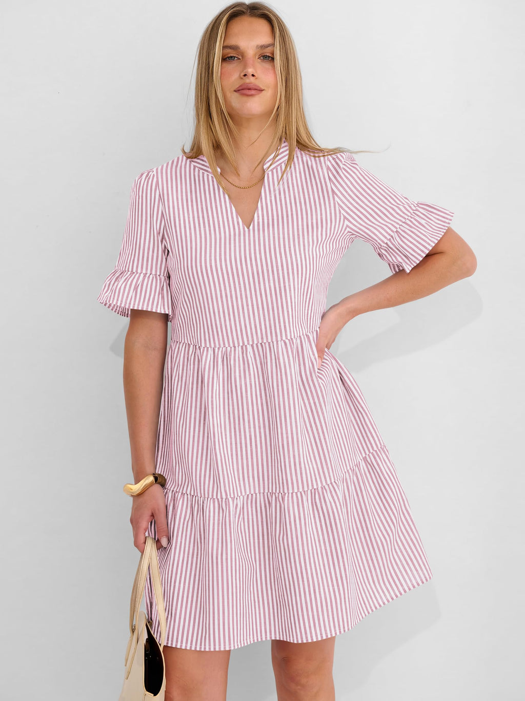 Caracilia Dresses for Women Summer 2026 Striped V Neck Ruffle Sleeve A Line Tiered Flowy Casual Mini Beach Dress with Pockets