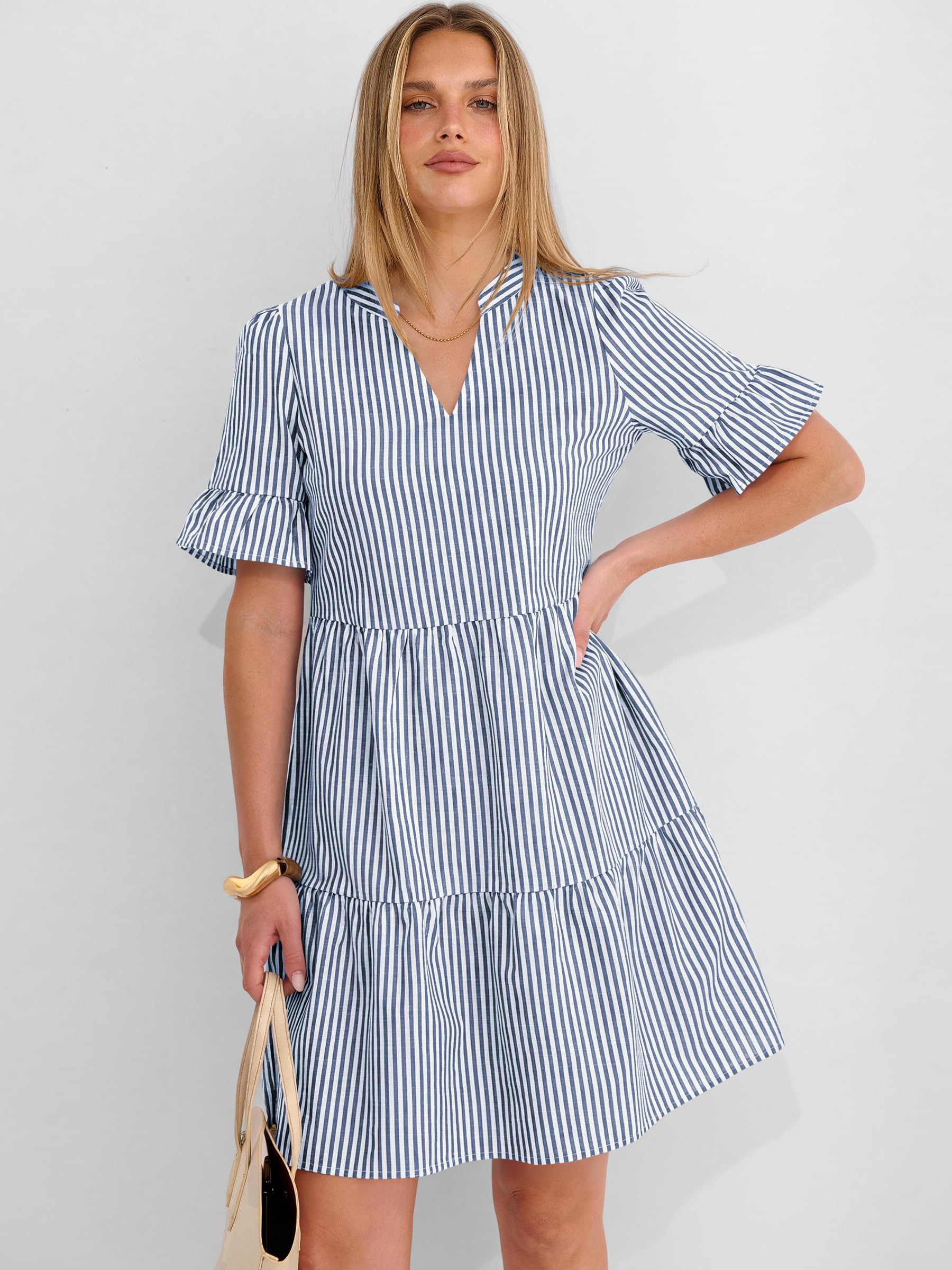 Caracilia Dresses for Women Summer 2026 Striped V Neck Ruffle Sleeve A Line Tiered Flowy Casual Mini Beach Dress with Pockets
