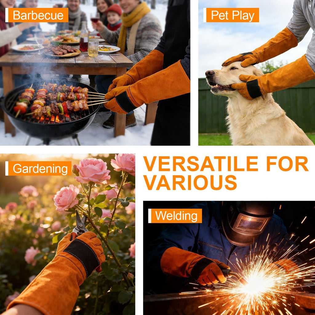 17.6Inches Heat Resistant Welding Gloves, Fire & Heat Proof Fireplace Gloves, Bite & Scratch Resistant, Heavy Duty Leather for Welding/BBQ/Wood Stove/Furnace/Oven/Forge/Animal Handling/Pet Care