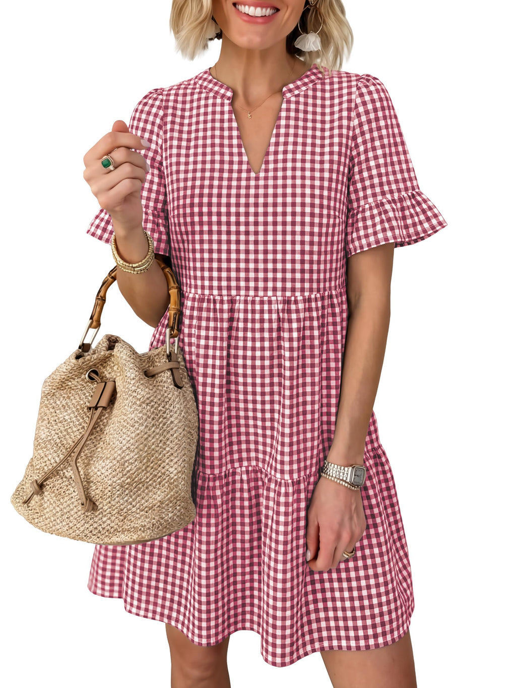 Caracilia Dresses for Women Summer 2026 Striped V Neck Ruffle Sleeve A Line Tiered Flowy Casual Mini Beach Dress with Pockets