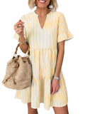 Caracilia Dresses for Women Summer 2026 Striped V Neck Ruffle Sleeve A Line Tiered Flowy Casual Mini Beach Dress with Pockets