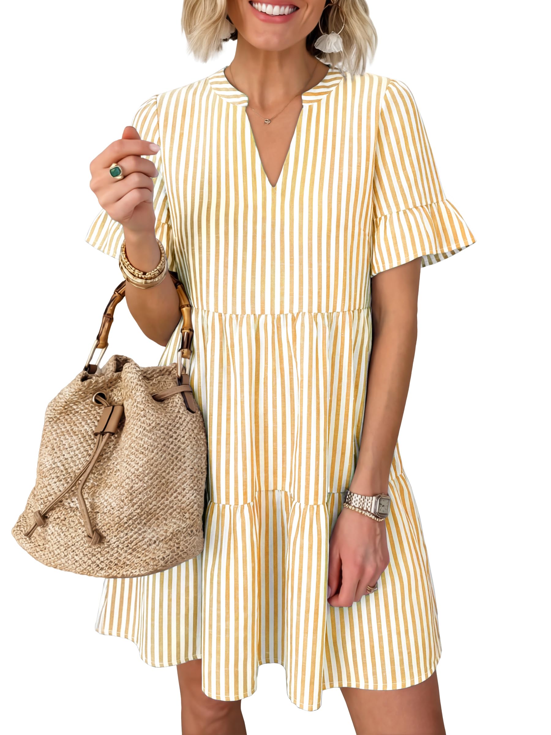 Caracilia Dresses for Women Summer 2026 Striped V Neck Ruffle Sleeve A Line Tiered Flowy Casual Mini Beach Dress with Pockets