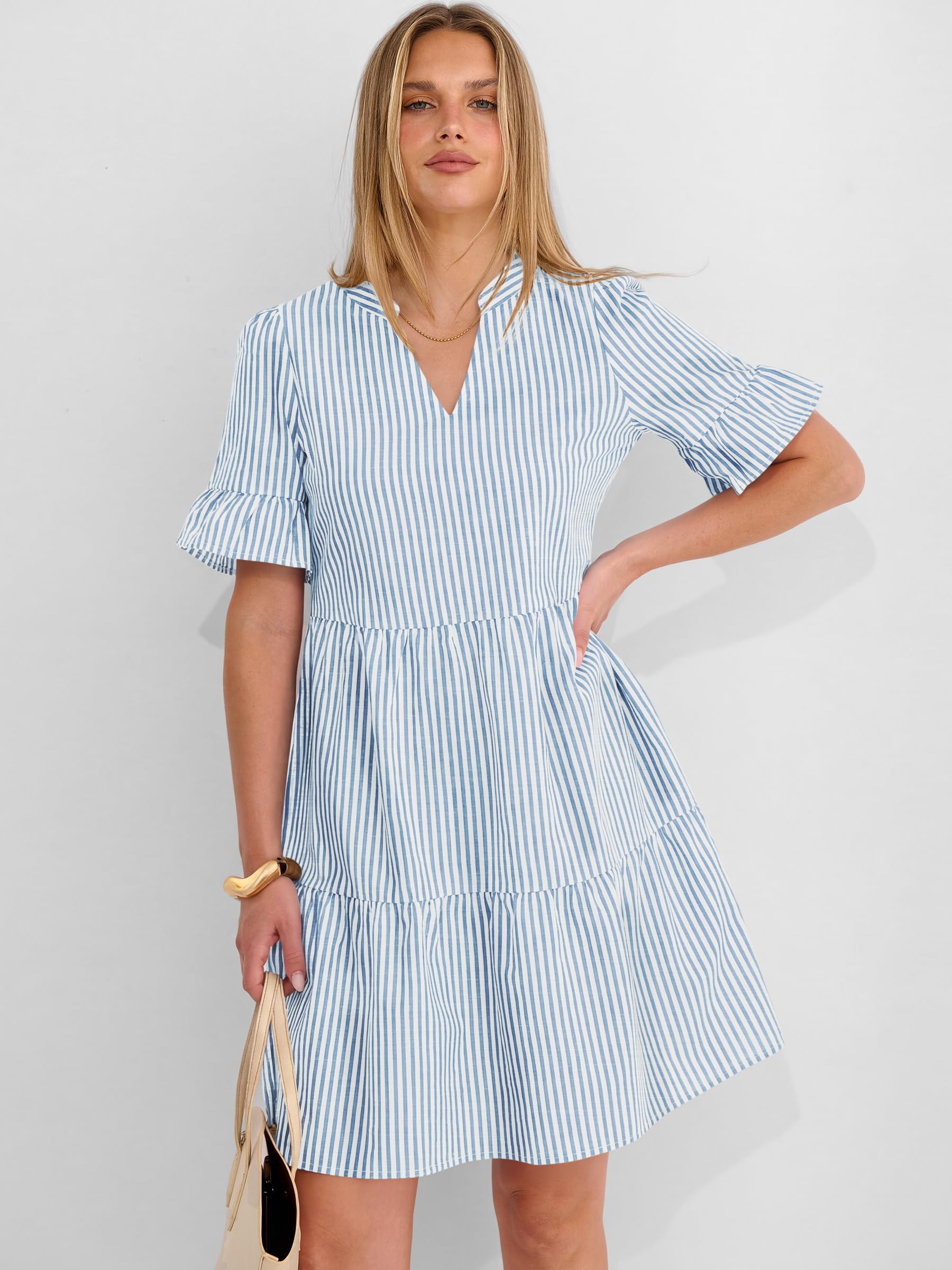 Caracilia Dresses for Women Summer 2026 Striped V Neck Ruffle Sleeve A Line Tiered Flowy Casual Mini Beach Dress with Pockets