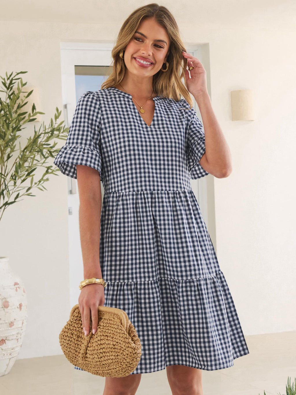 Caracilia Dresses for Women Summer 2026 Striped V Neck Ruffle Sleeve A Line Tiered Flowy Casual Mini Beach Dress with Pockets