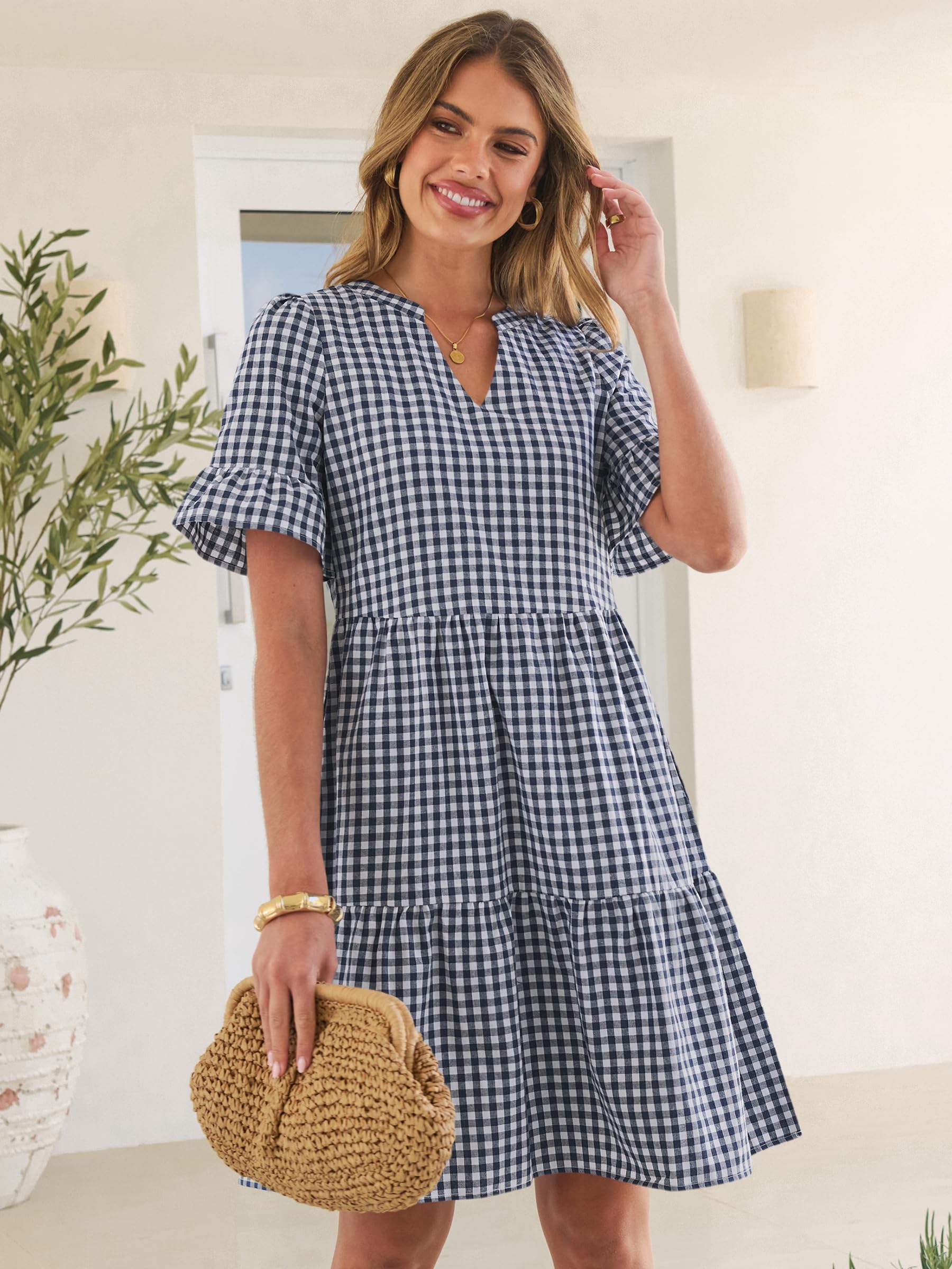 Caracilia Dresses for Women Summer 2026 Striped V Neck Ruffle Sleeve A Line Tiered Flowy Casual Mini Beach Dress with Pockets