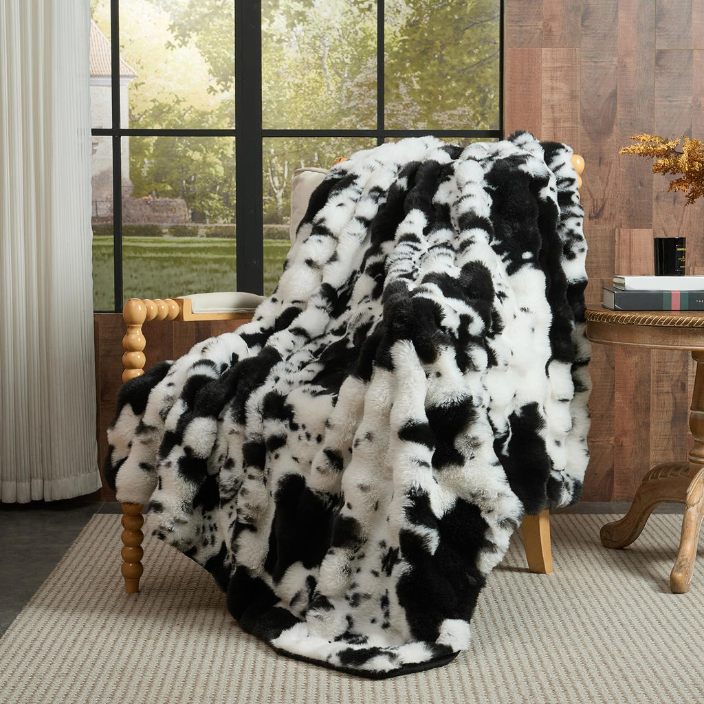 Lotus Karen Faux Fur Throw Blanket Black - Big Bubble Rabbit Fluff Blanket for Couch, Small Fluffy Fuzzy Cozy Blanket, Thick Furry Plush Shaggy Blankets, 50x60 Inches