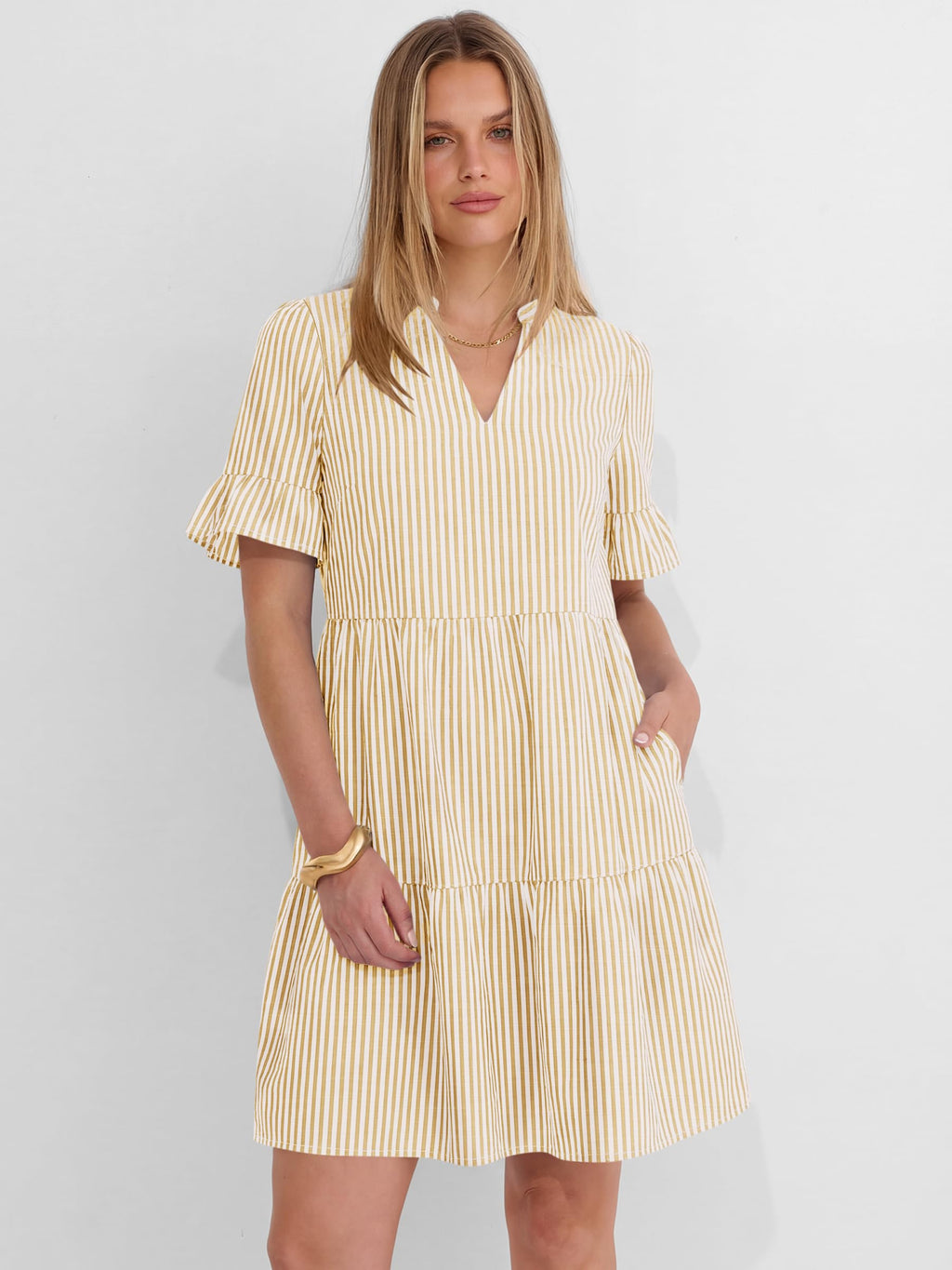 Caracilia Dresses for Women Summer 2026 Striped V Neck Ruffle Sleeve A Line Tiered Flowy Casual Mini Beach Dress with Pockets