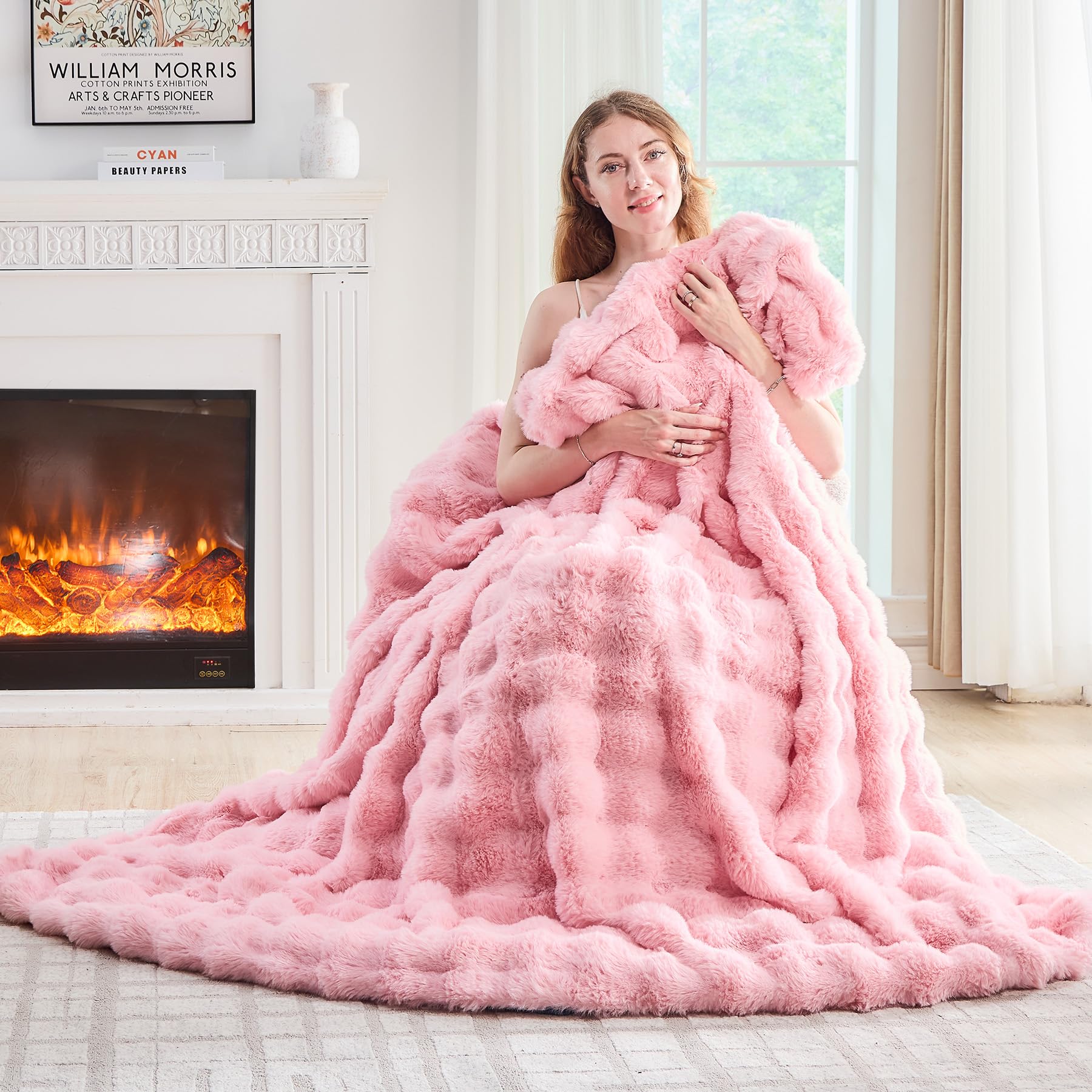 Lotus Karen Faux Fur Throw Blanket Black - Big Bubble Rabbit Fluff Blanket for Couch, Small Fluffy Fuzzy Cozy Blanket, Thick Furry Plush Shaggy Blankets, 50x60 Inches