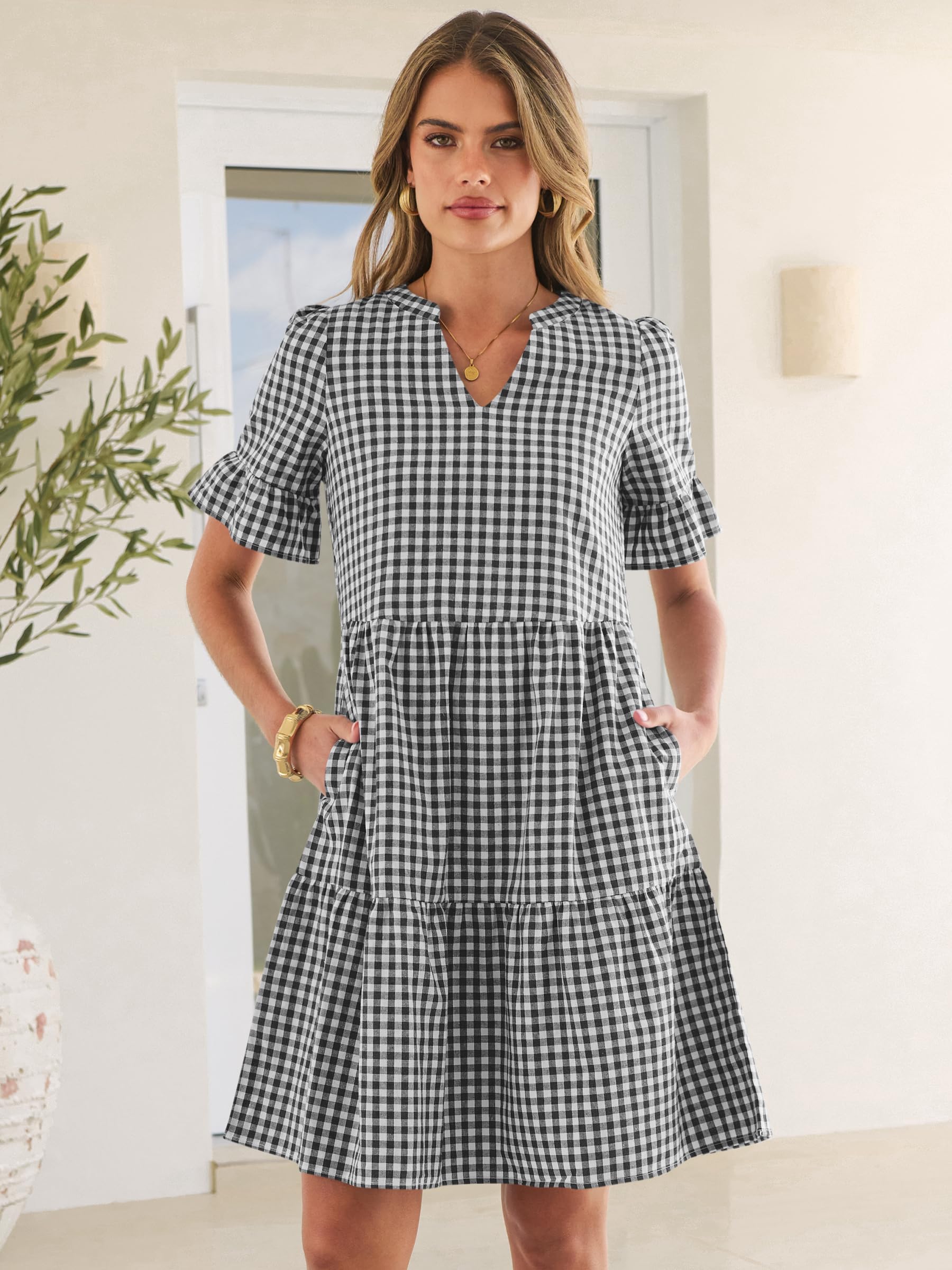 Caracilia Dresses for Women Summer 2026 Striped V Neck Ruffle Sleeve A Line Tiered Flowy Casual Mini Beach Dress with Pockets