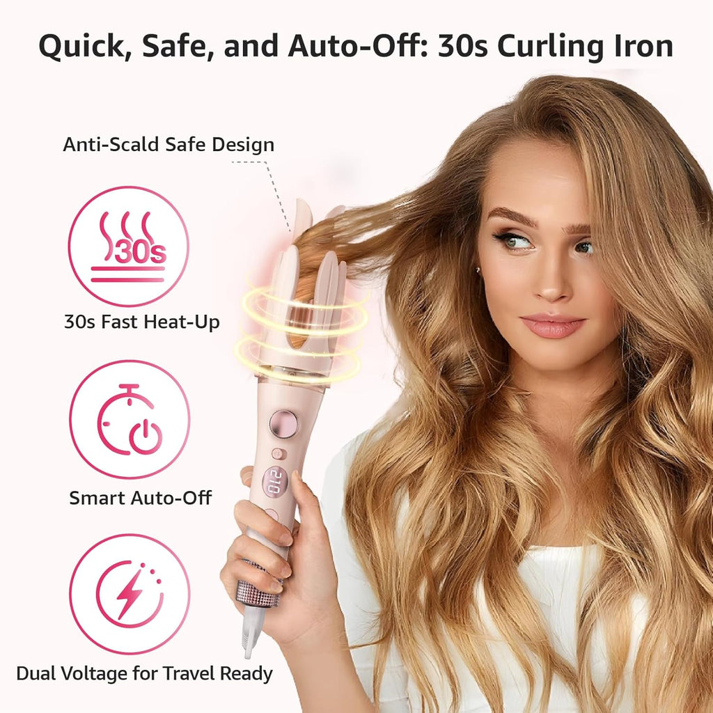 Automatic Curling Iron, 2 in 1 Hair Curler with Hair Straightener Brush, Portable Rotating Curling Iron, 1.25" Anti-Scald Tangle-Free, Dual Voltage 4 Temps Fast Heating, Lightweight for Travel