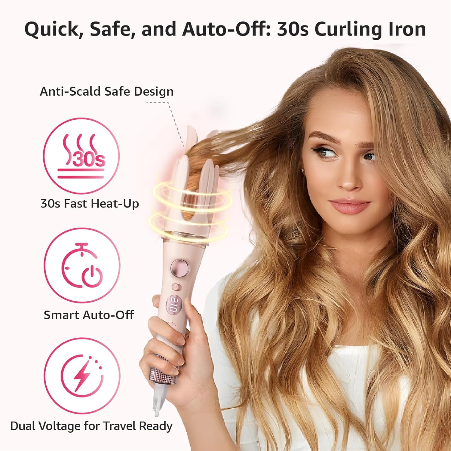 Automatic Curling Iron, 2 in 1 Hair Curler with Hair Straightener Brush, Portable Rotating Curling Iron, 1.25" Anti-Scald Tangle-Free, Dual Voltage 4 Temps Fast Heating, Lightweight for Travel