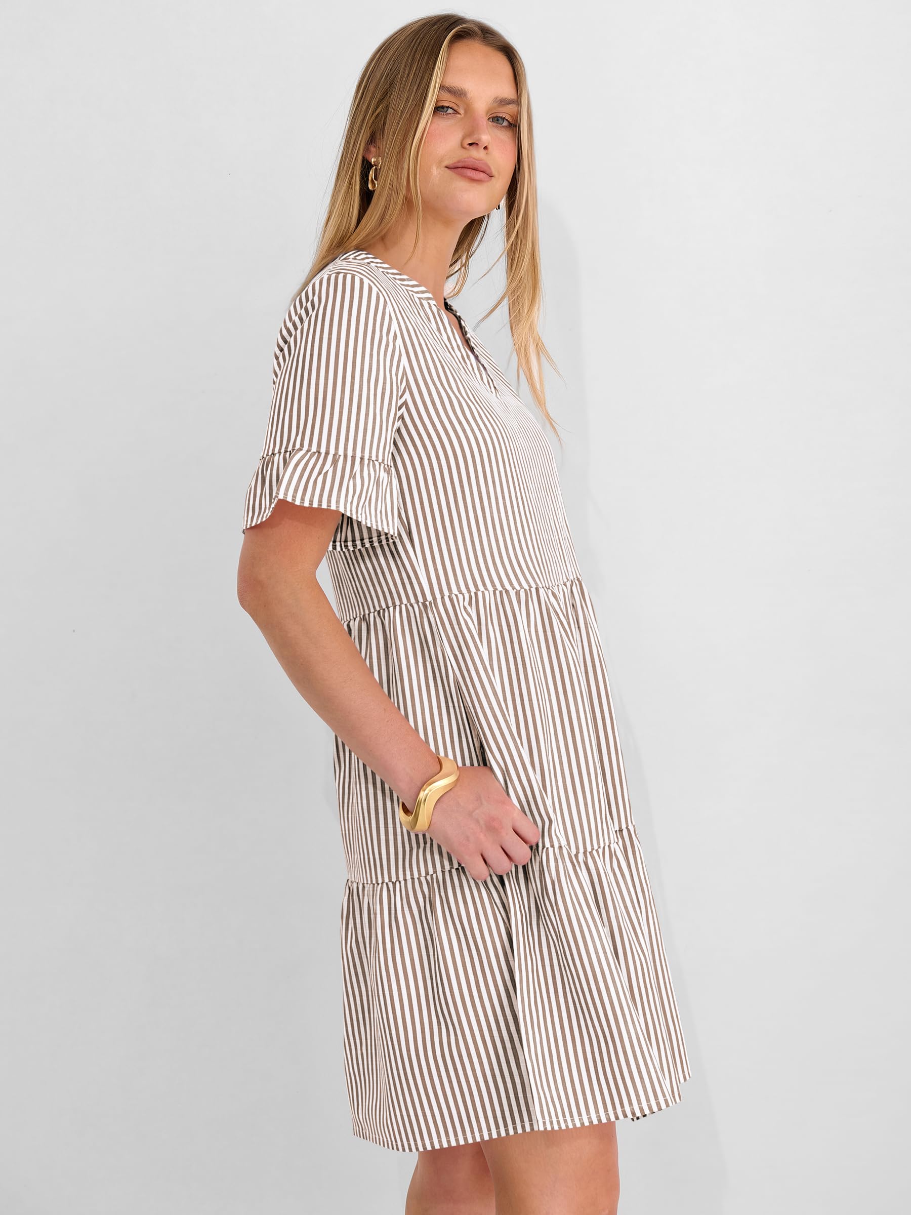 Caracilia Dresses for Women Summer 2026 Striped V Neck Ruffle Sleeve A Line Tiered Flowy Casual Mini Beach Dress with Pockets