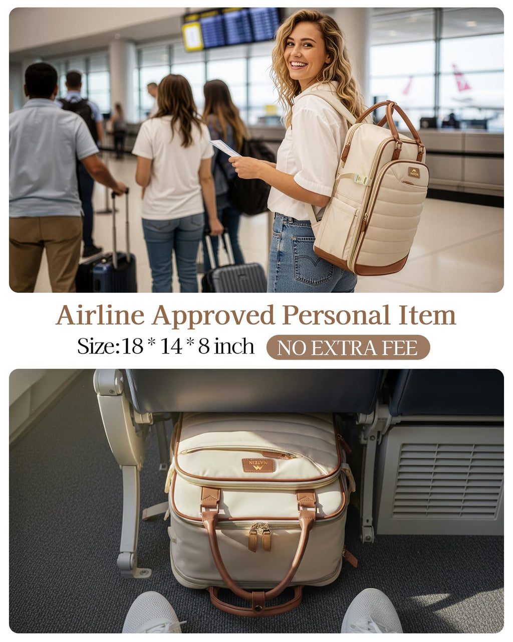 MATEIN HER Personal Item Travel Backpack for Women with Hair Essentials Bag, 18x14x8 inches Underseat Luggage Backpack, TSA Approved Carry on Bags for Frontier Airline fits 17" Laptop & 40 oz Tumbler