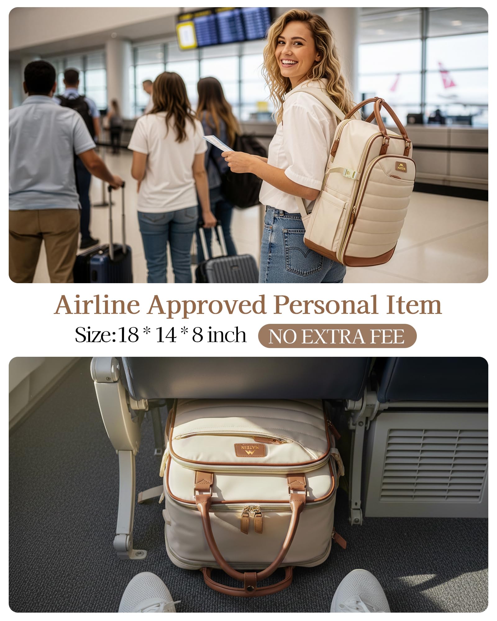 MATEIN HER Personal Item Travel Backpack for Women with Hair Essentials Bag, 18x14x8 inches Underseat Luggage Backpack, TSA Approved Carry on Bags for Frontier Airline fits 17" Laptop & 40 oz Tumbler